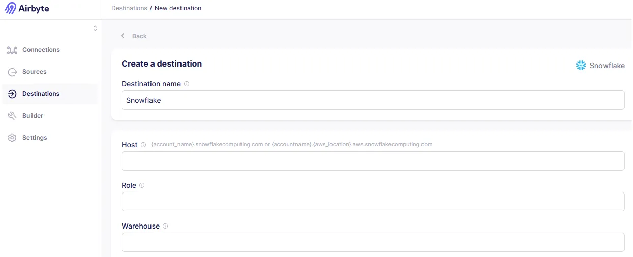 Create Destination page