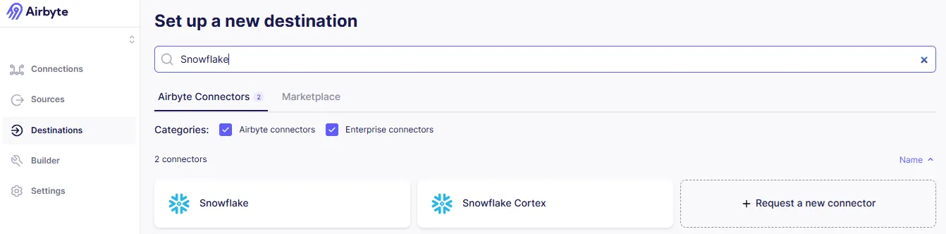 Set Up Destination page