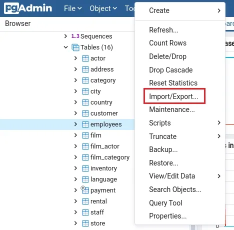 pgAdmin Import/Export