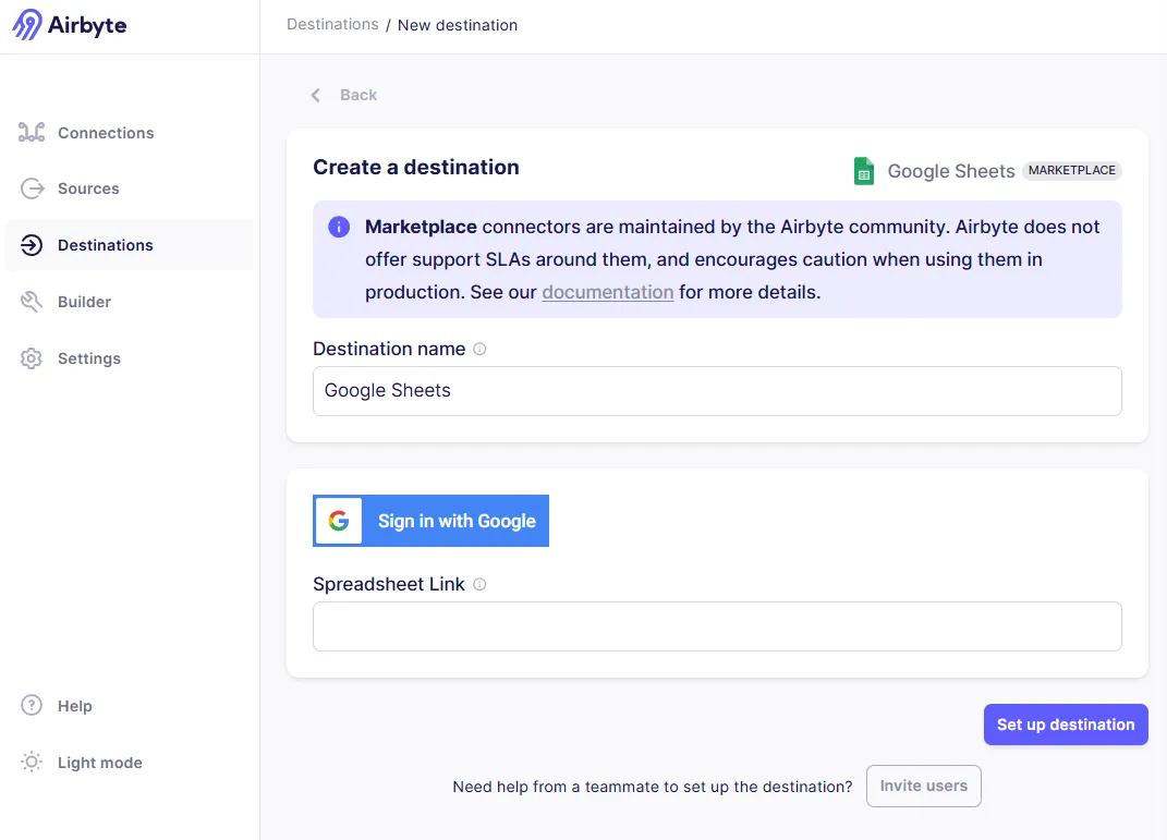 Set up Google Sheets destination