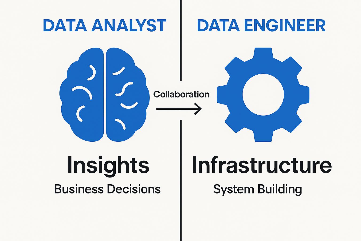 Data analyst and data engineer roles illustrated: collaboration in insights for business decisions (brain icon) and infrastructure for system building (gear icon).