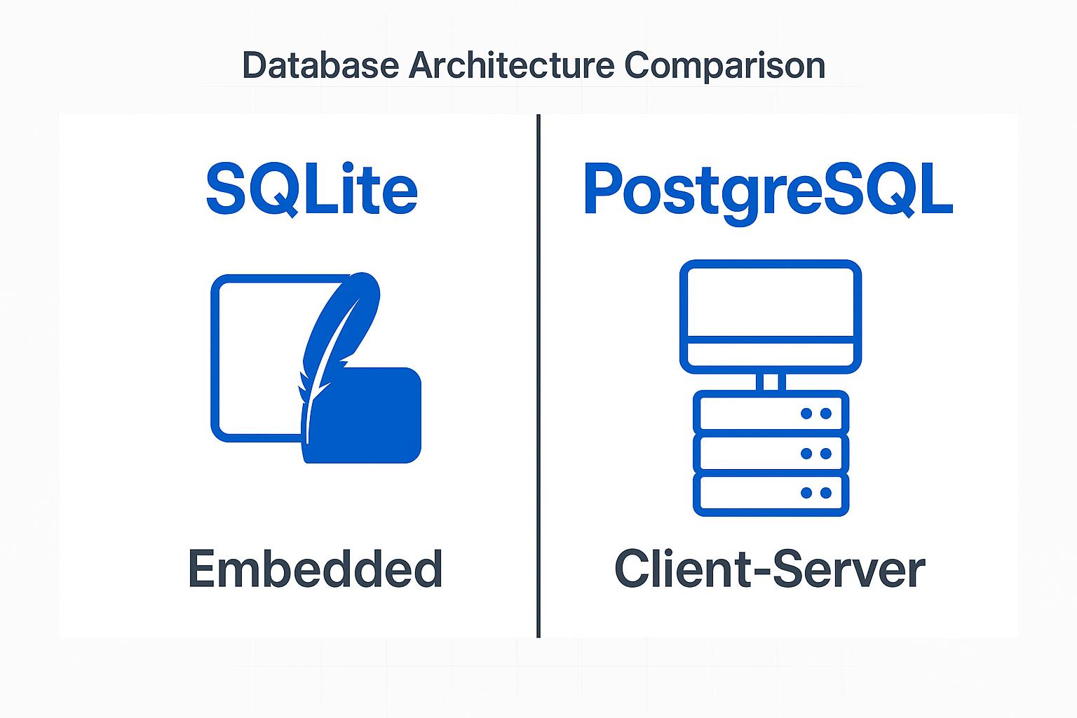 Database architecture comparison: SQLite (embedded) vs PostgreSQL (client-server), featuring icons representing each database type.