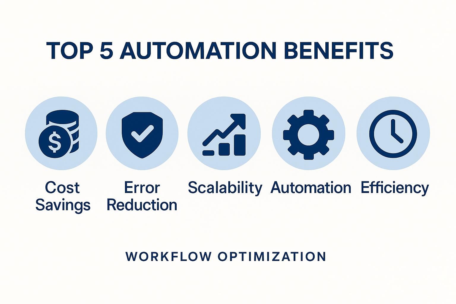 Top 5 benefits of automation: cost savings, error reduction, scalability, automation, and efficiency, highlighting workflow optimization.