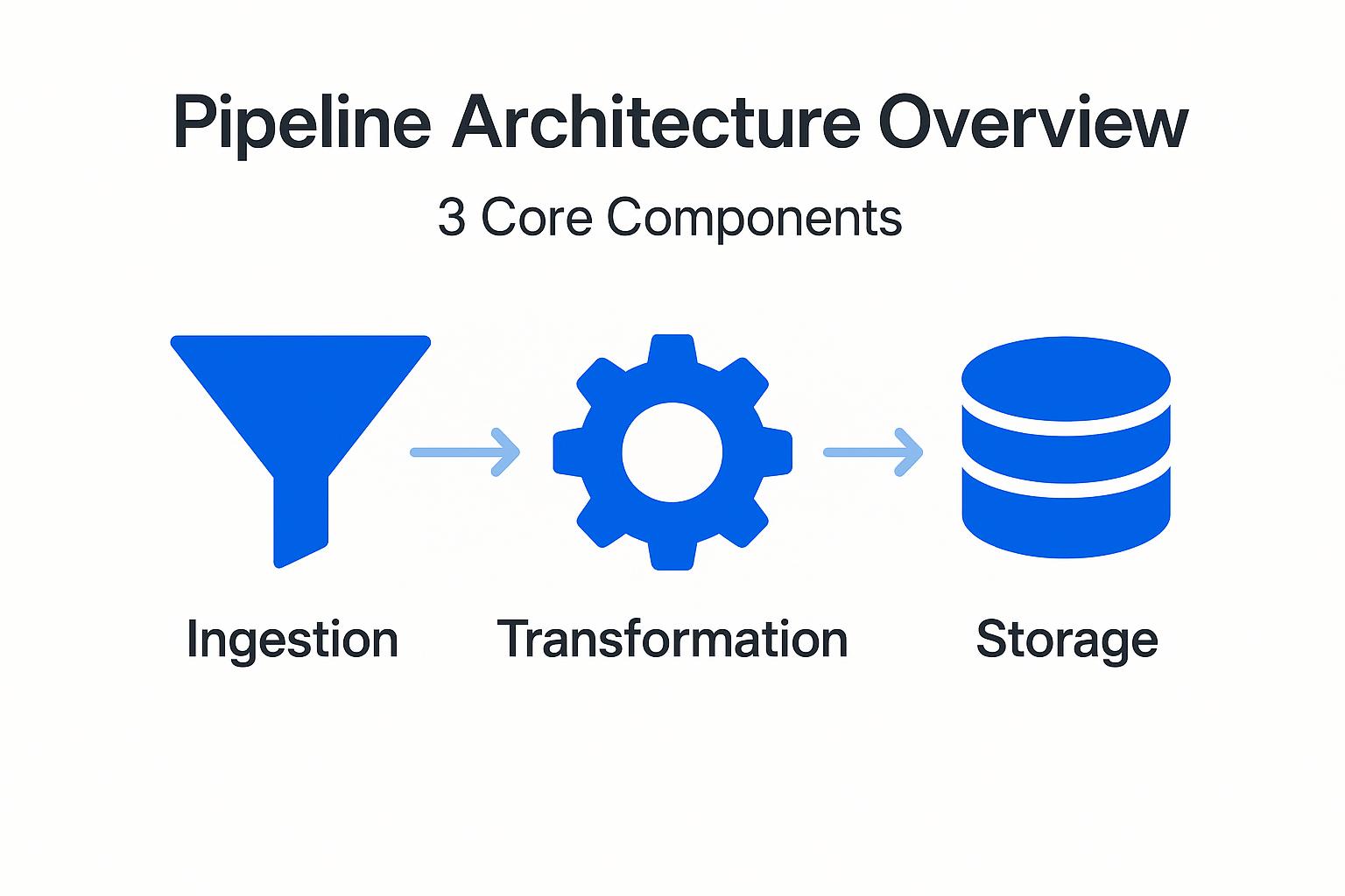 Pipeline Architecture Overview: Visual representation of data processing stages—Ingestion, Transformation, Storage—using icons and arrows.