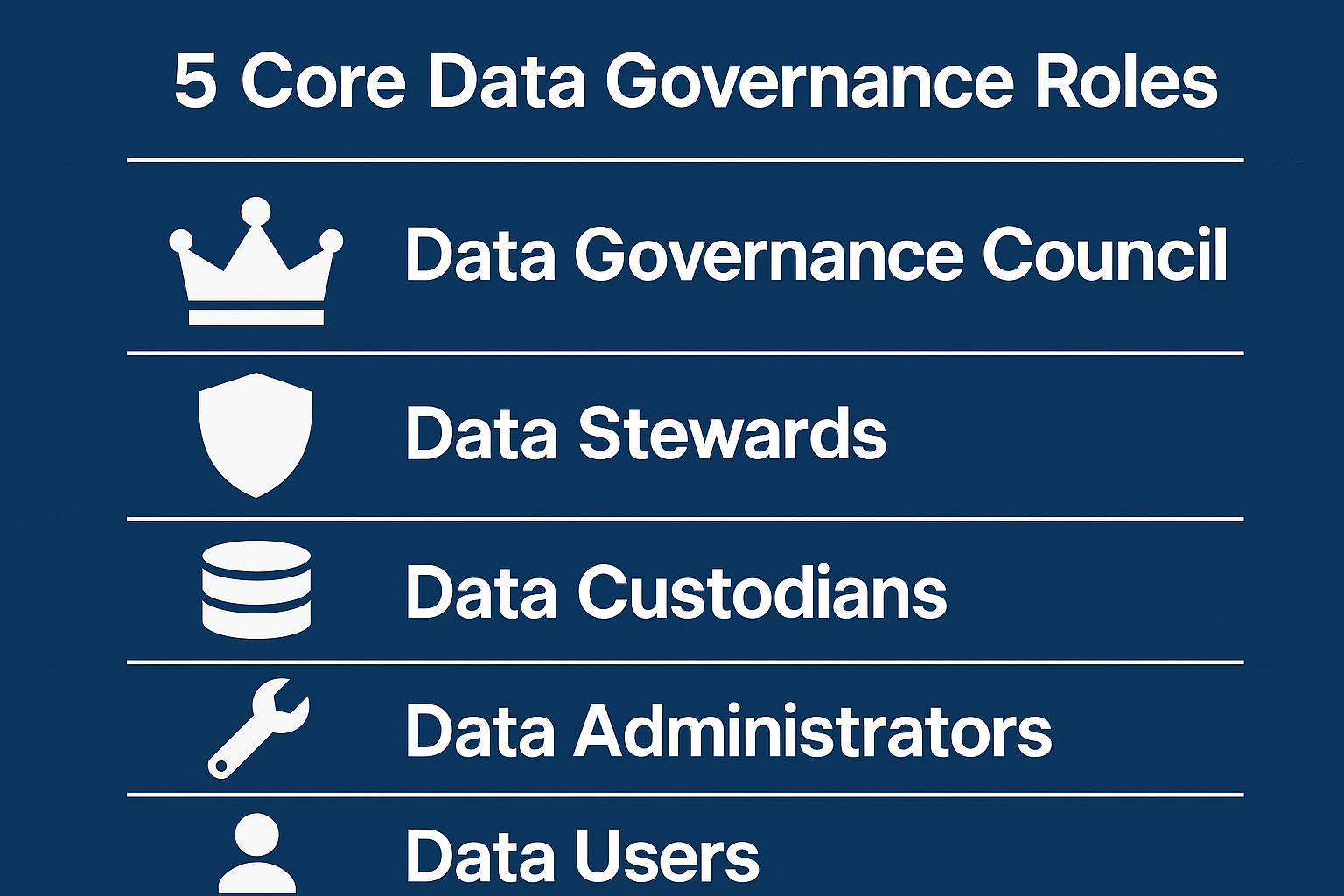 Overview of 5 core data governance roles: Data Governance Council, Data Stewards, Data Custodians, Data Administrators, Data Users.