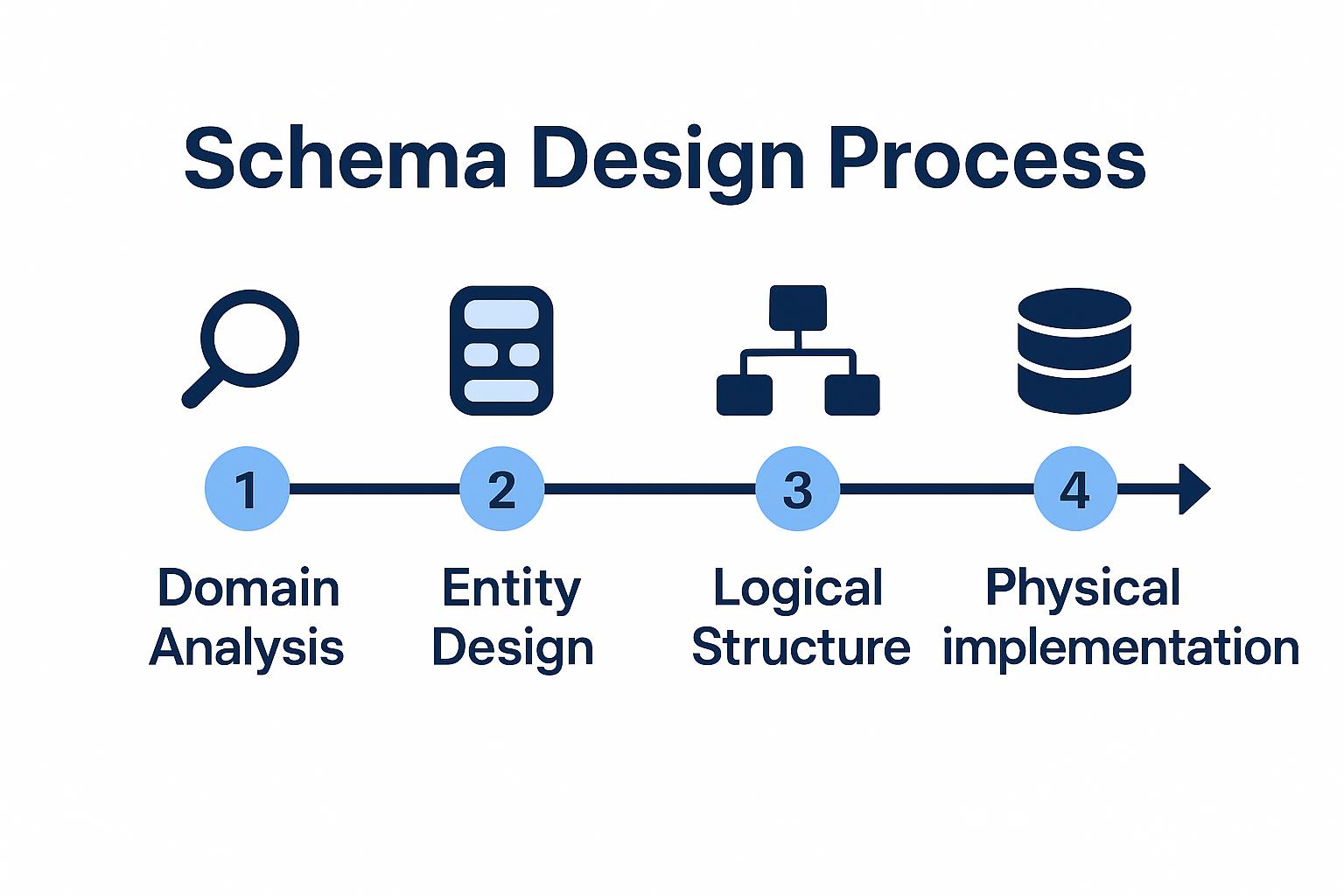 Schema Design Process: Four-step flowchart showcasing domain analysis, entity design, logical structure, and physical implementation.
