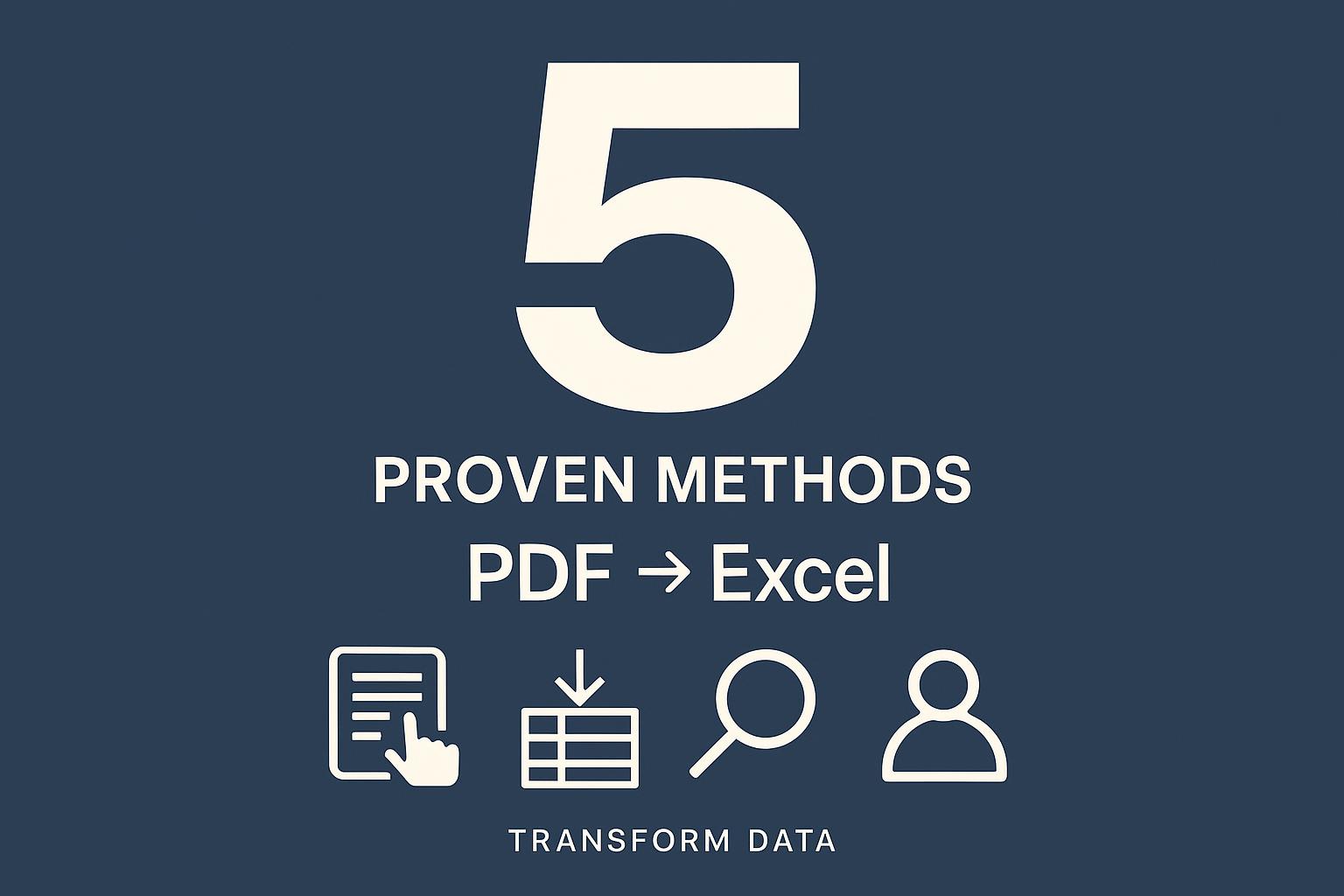 Five methods for converting PDFs to Excel with icons representing data transformation.