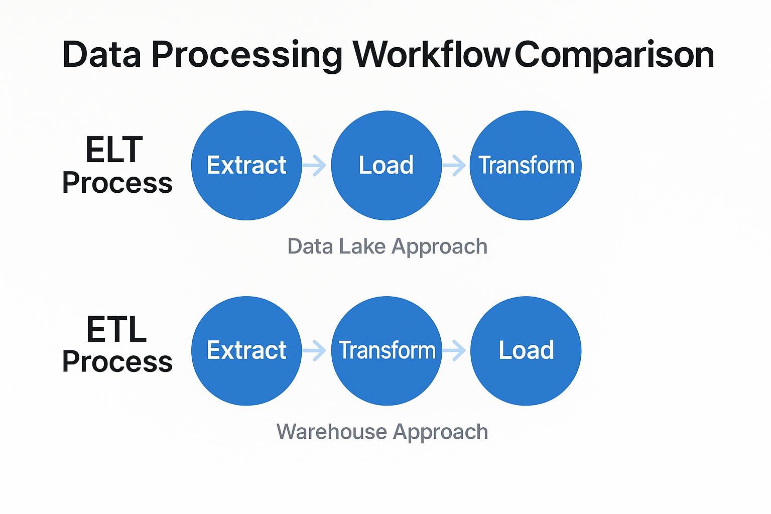 Data Processing Workflow Comparison: ELT vs. ETL processes. ELT (Extract, Load, Transform) follows a Data Lake approach, while ETL (Extract, Transform, Load) aligns with a Warehouse approach.