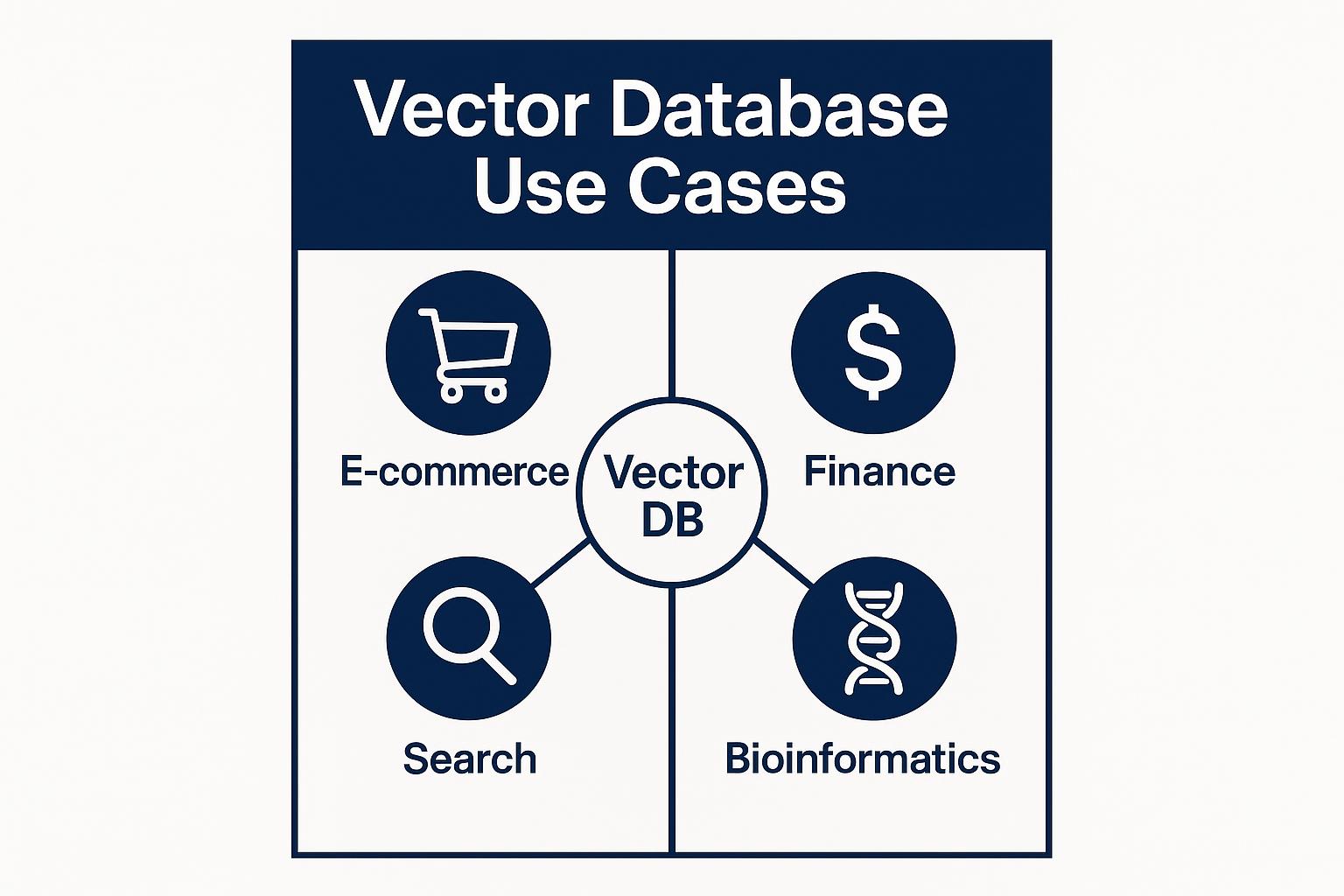 Vector Database Use Cases: E-commerce, Finance, Search, and Bioinformatics. Central hub labeled 