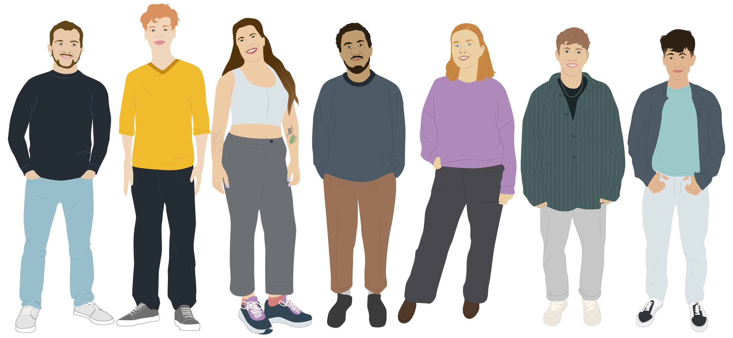 Das Bild zeigt das Team der Fachstelle Queere Jugend NRW und das Team des Projektes Q_munity als Illustration. Zu sehen sind von links nach rechts: Imany Maari, Madeline Doneit, Max Steinbock, Mo Zündorf und H. Yilmaz.