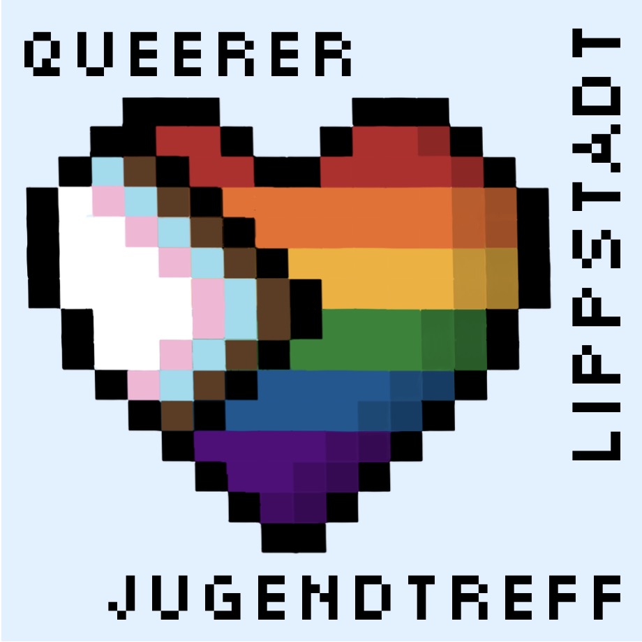 Auf dem Bild ist das Logo vom Jugendtreff zu erkennen. Das Logo besteht aus einem Herz mit Regenbogenfarben drin sowie zusätzlich der Schrift "Queerer Jugendtreff Lippstadt"