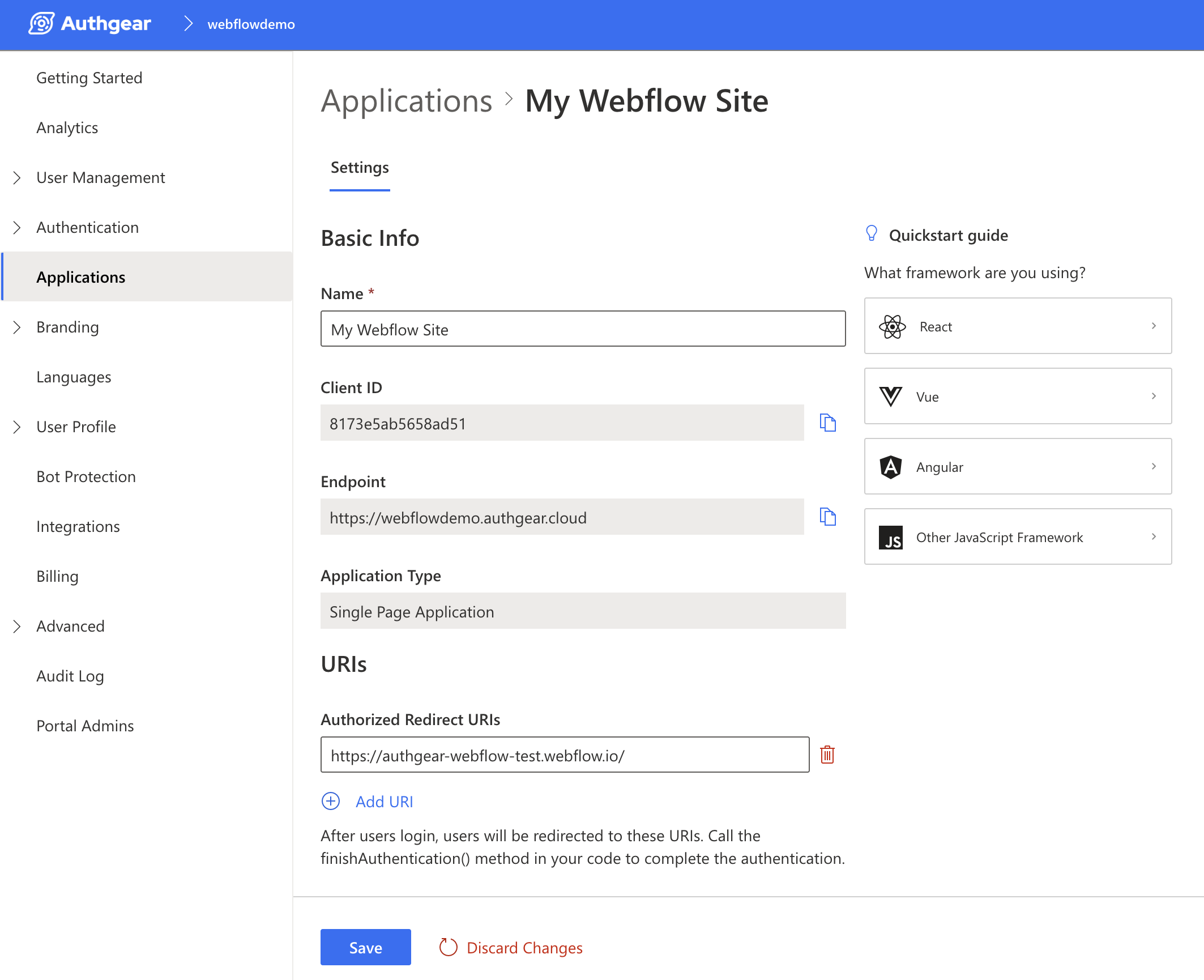 Copy Client ID and Endpoint, enter URL of Webflow site