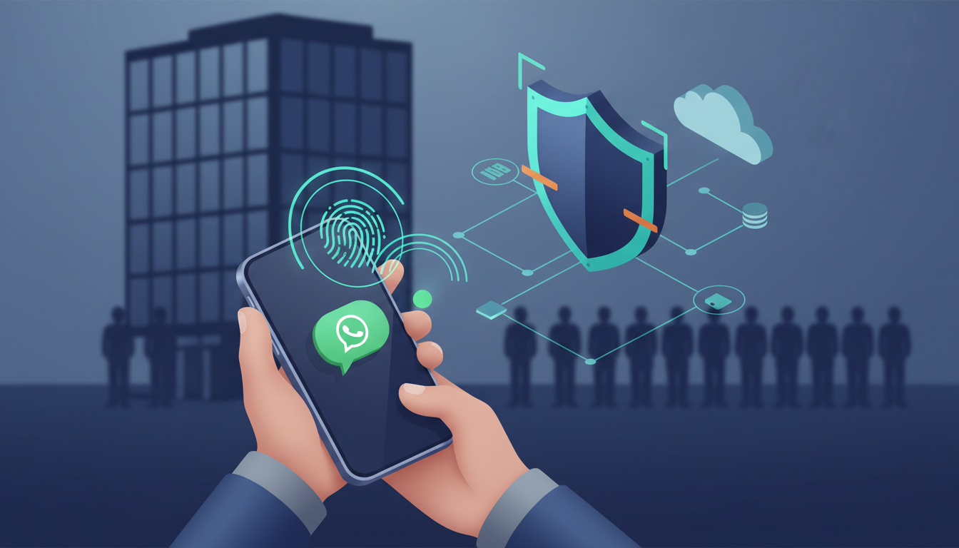 Illustration of frontline authentication using WhatsApp OTP with biometric and passkey re-authentication, supported by a secure backend identity system.