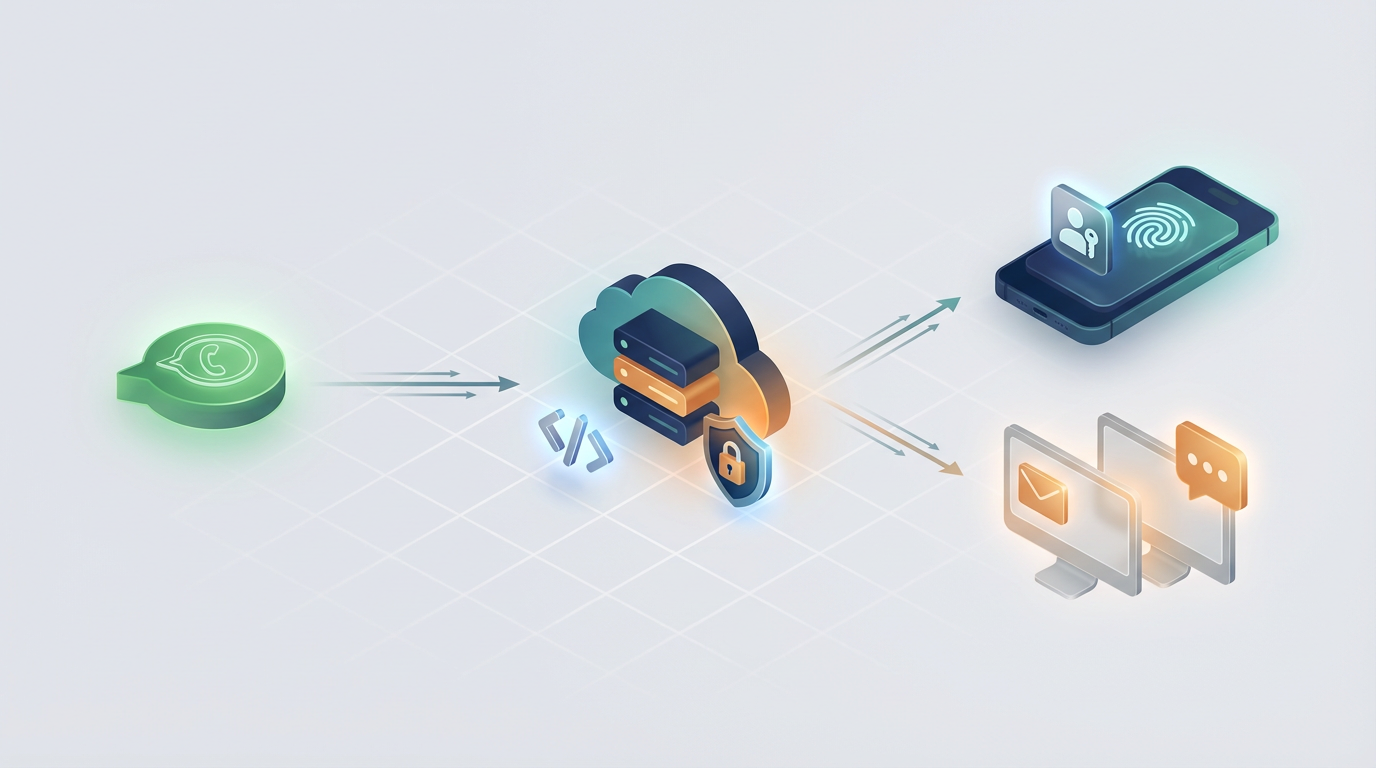 Illustration showing WhatsApp OTP requests routed through an identity gateway to mobile biometric authentication and shared kiosk access with fallback verification.