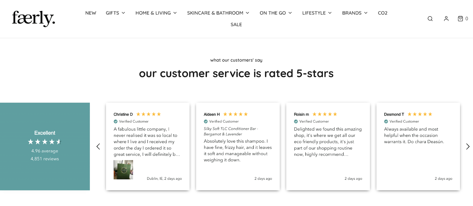 Reviews shown in a carousel on Faerly's site