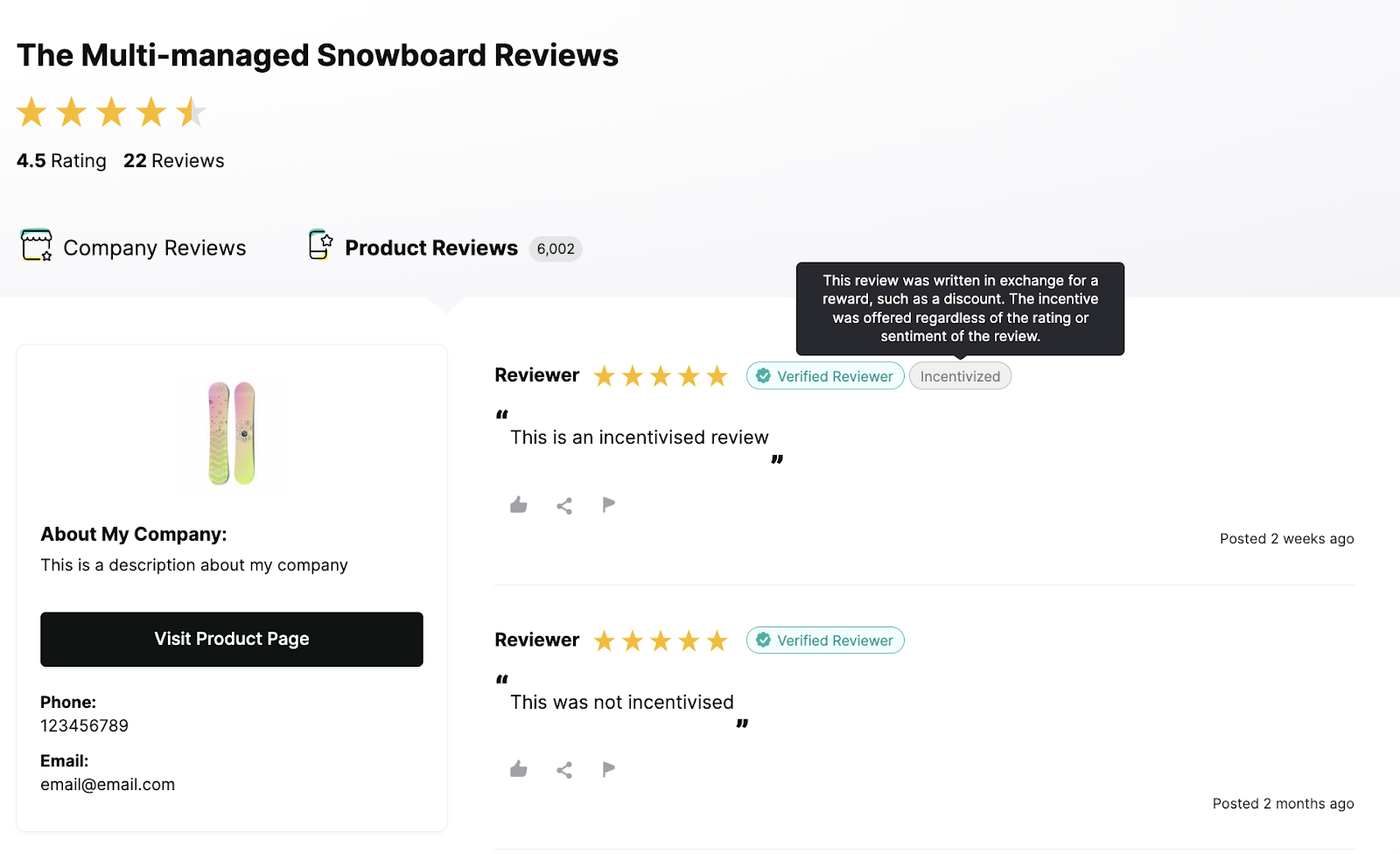 A list of reviews collected for a pink and green snowboard. One review has a grey box to say that it has been incentivized.