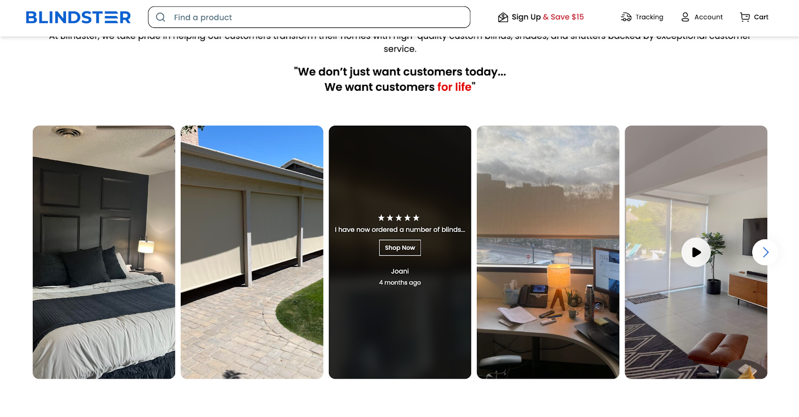 A screenshot from Blindster's website showing customer review images. One is highlighted to shop directly from the image.