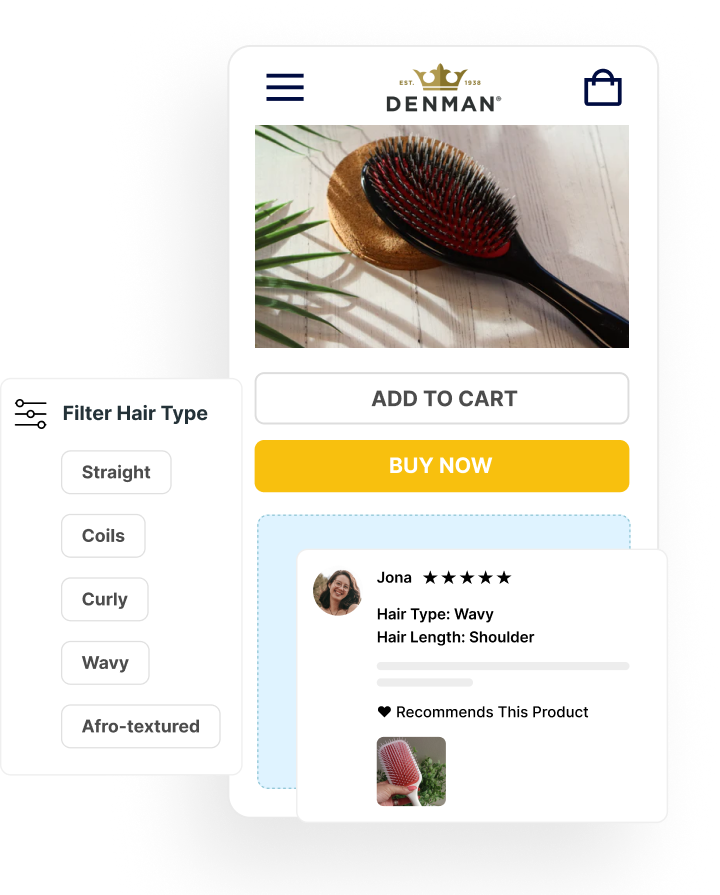 Reviews for a Denman hairbrush with a pop up showing specific customer attributes to filter by. Things like curly hair, straight, etc. 