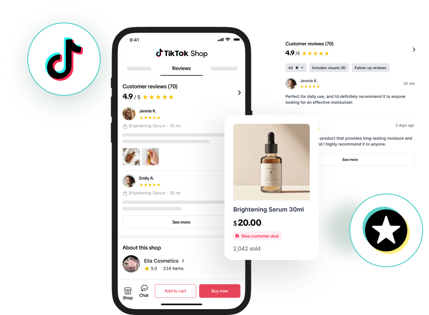 A phone showing a review page in the TikTok Shop. A zoom in on a brightening serum with examples of reviews collected for this product.