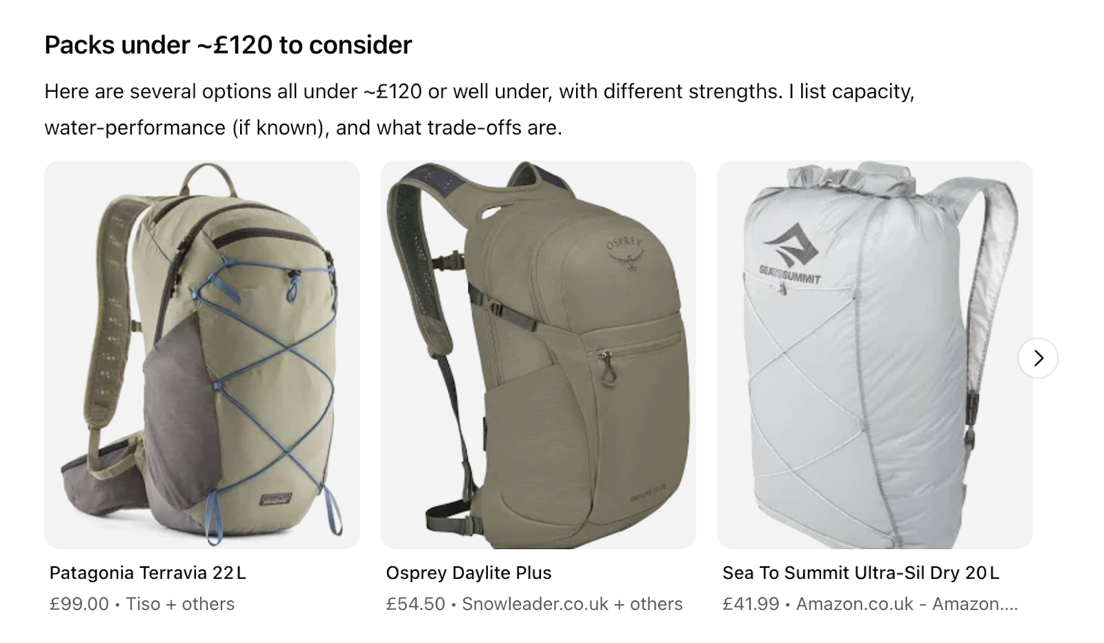 A ChatGPT reply showing 3 images of backpacks under £120