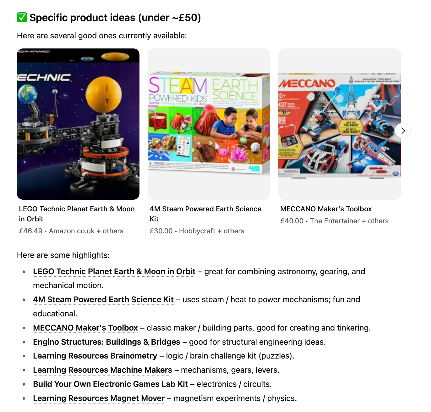 A ChatGPT reply showing 3 gift ideas under £50, with a written list of more options underneath.