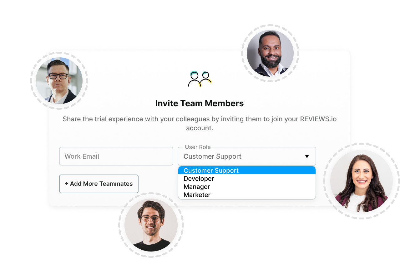 A drop down list for 'invite team members' with options to type in their email and select their role. Pictures of 4 people in bubbles floating around it.