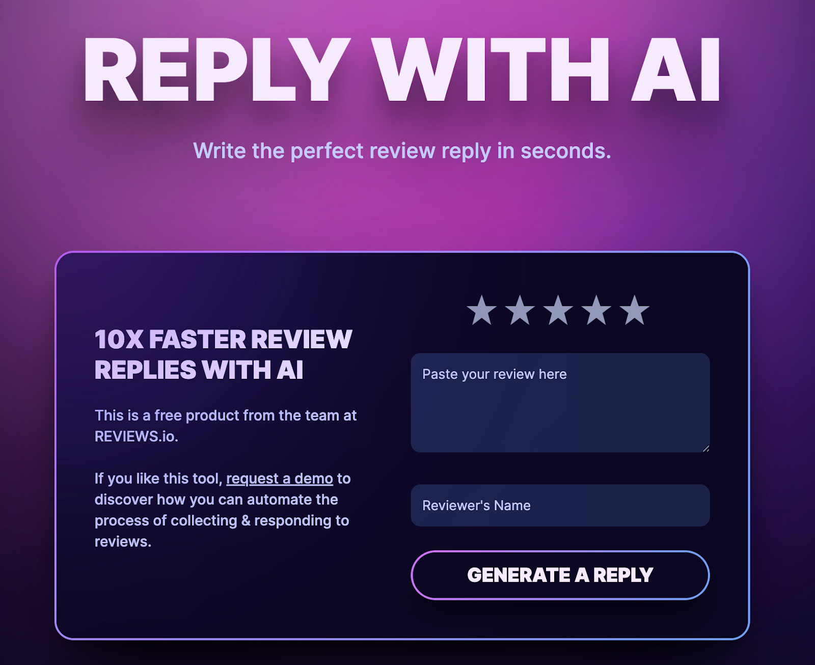 A purple gradient background with a dark purple box where you input a review. A button to generate a reply to this review.