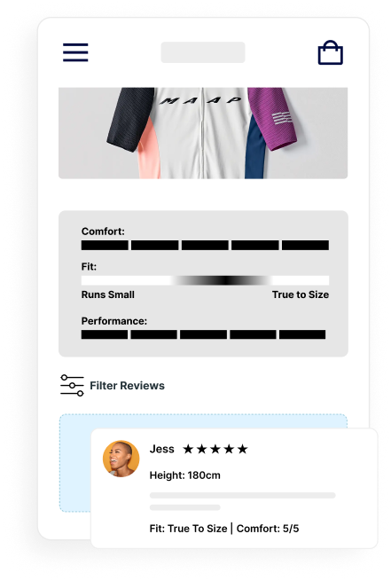 A phone shaped screen with a product listing mockup for a Maap t-shirt. There are bars showing the level of comfort, the fit, and performance based on Review Attributes.