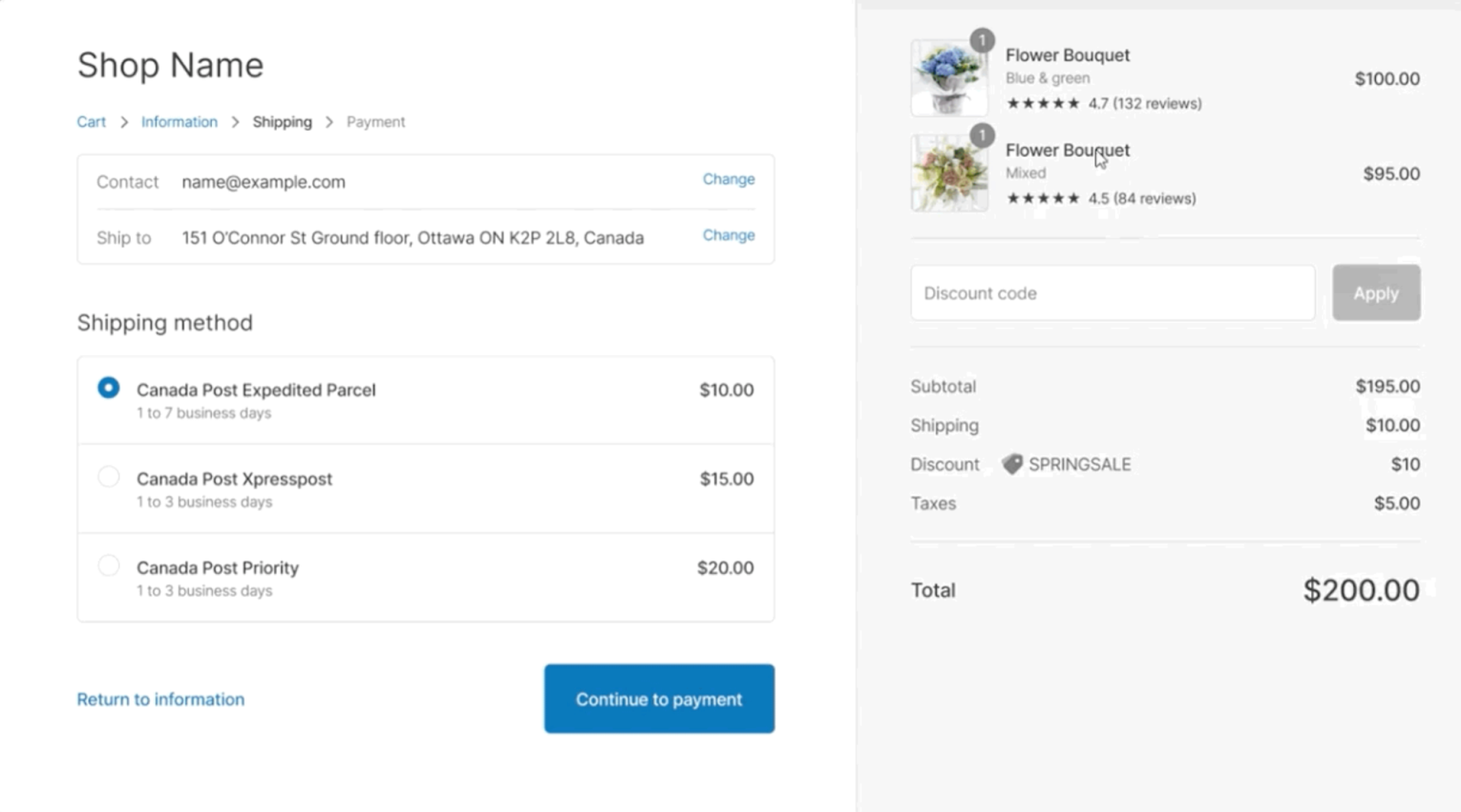 A screenshot from the shopify checkout page, on the left, contact and shipping information. On the right, the payment breakdown with review stars under the products about to be purchased.
