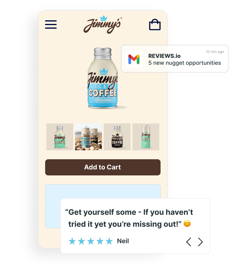 A phone shaped screen with a beige and blue colour theme. A Jimmy's iced coffee product page with a review pulled out as a pop up. 