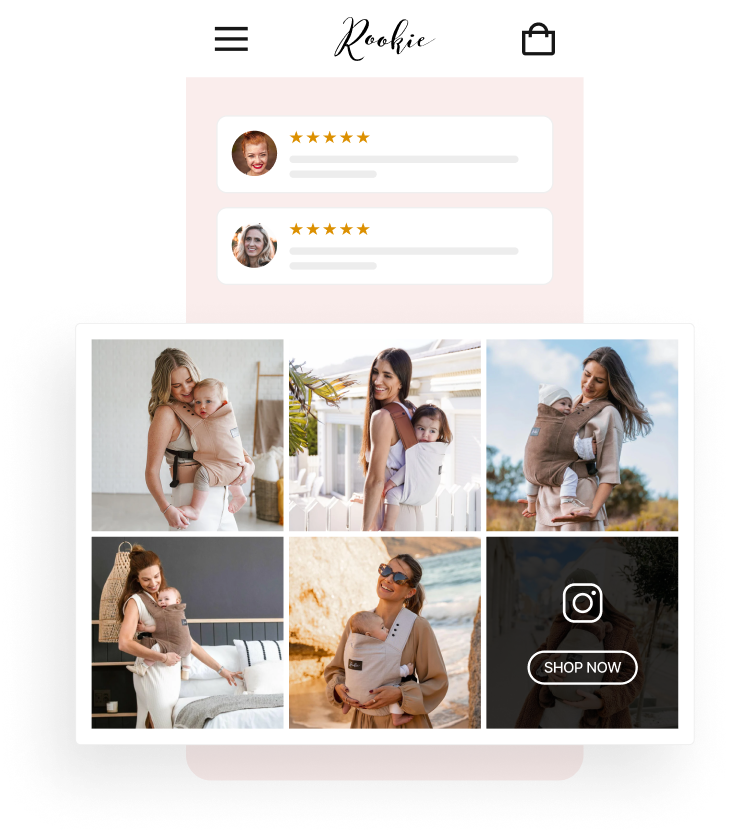 A pink phone shaped theme for the brand Rookie, it shows 2 reviews and then a big block of 5 UGC images, people trying on baby carriers.