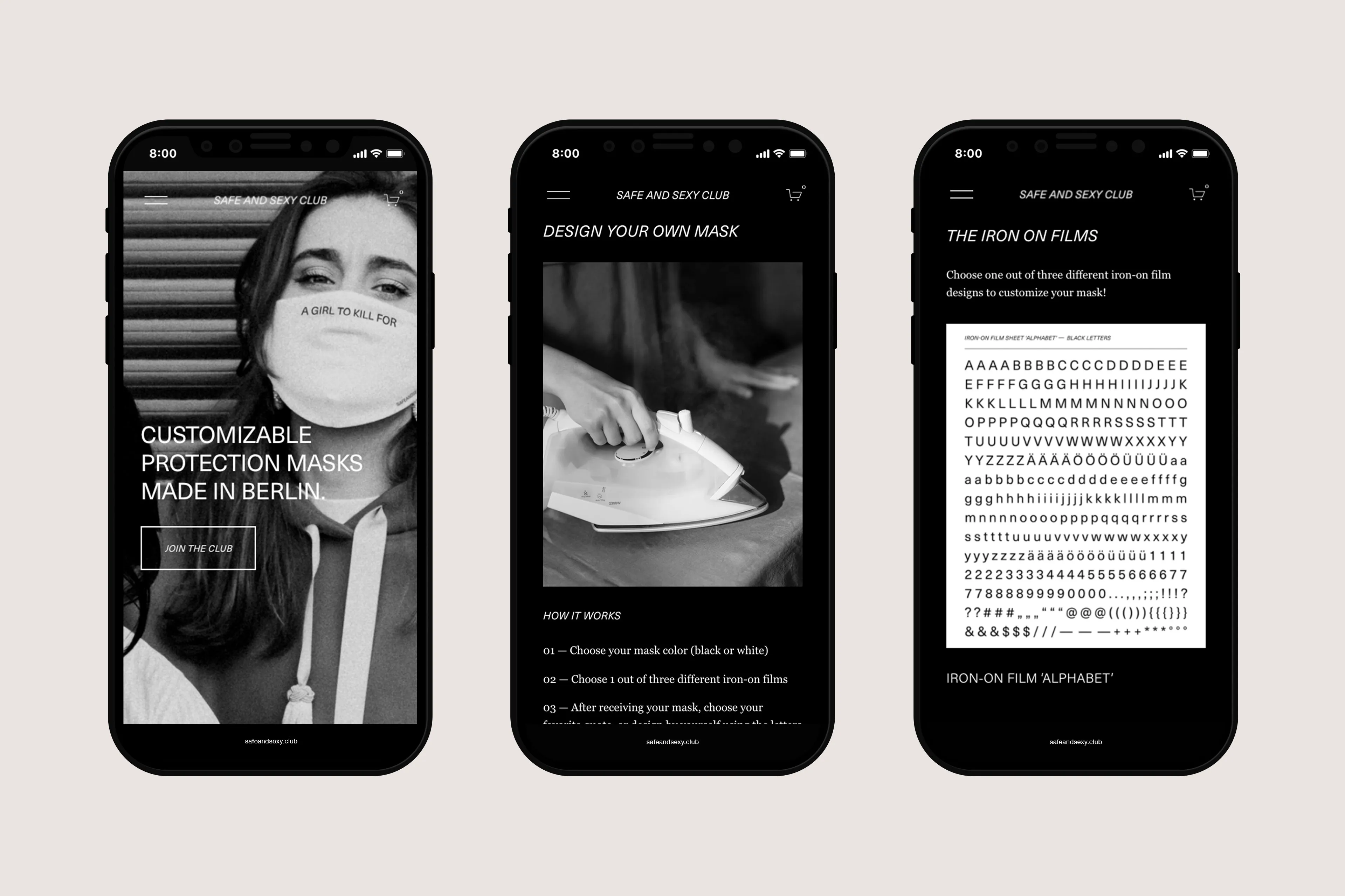 Drei verschiedene Mockups der Webseite von Safe and Sexy Club im Mobile Format.