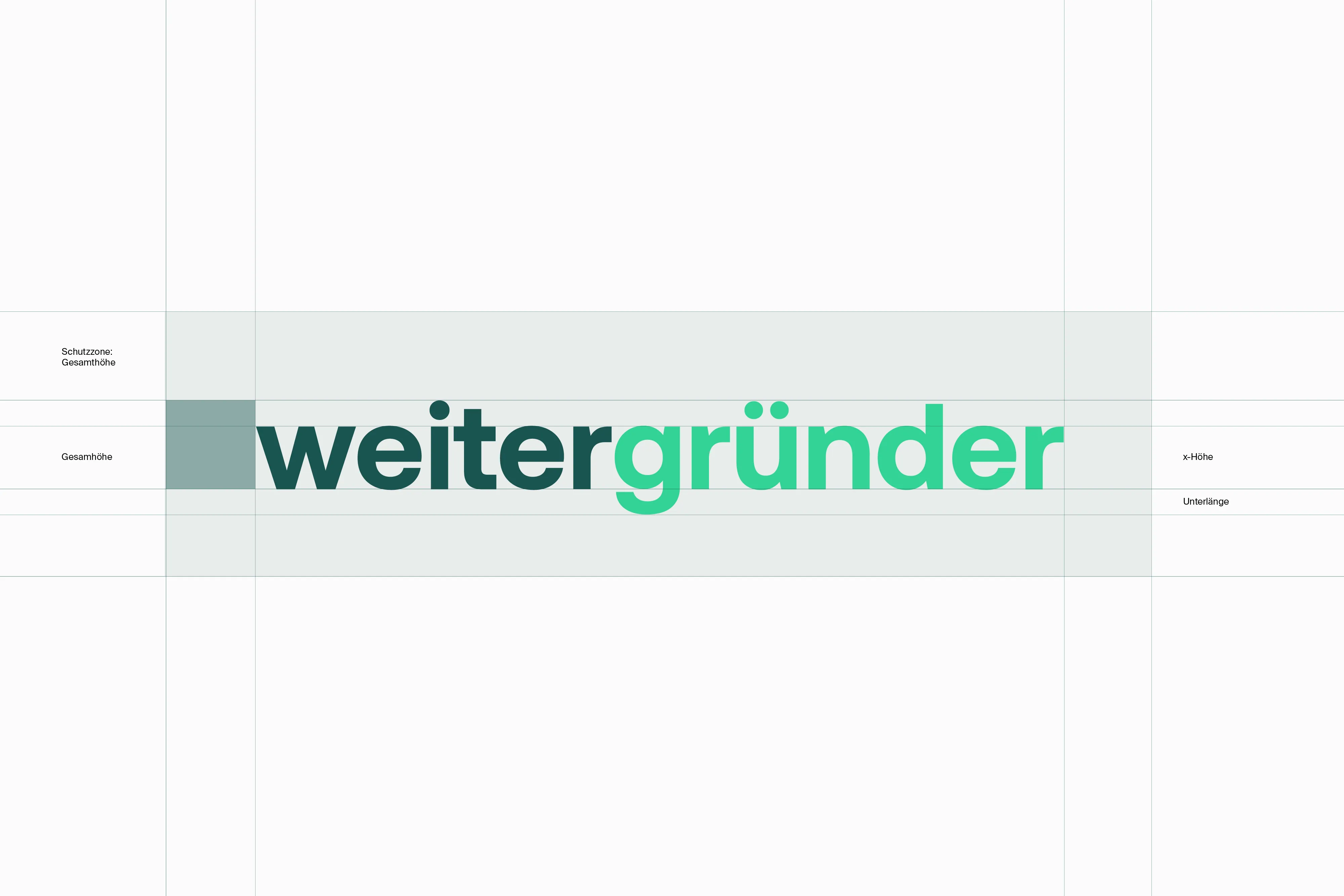Weitergründer Logo (Wortmarke) mit gekennzeichneter Höhe und Schutzzone.