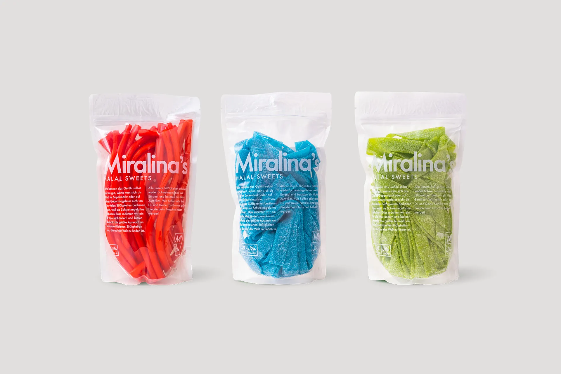 Foto von drei Süßigkeitenverpackungen mit unterschiedlichem Inhalt im Corporate Design von Miralina's Halal Sweets.
