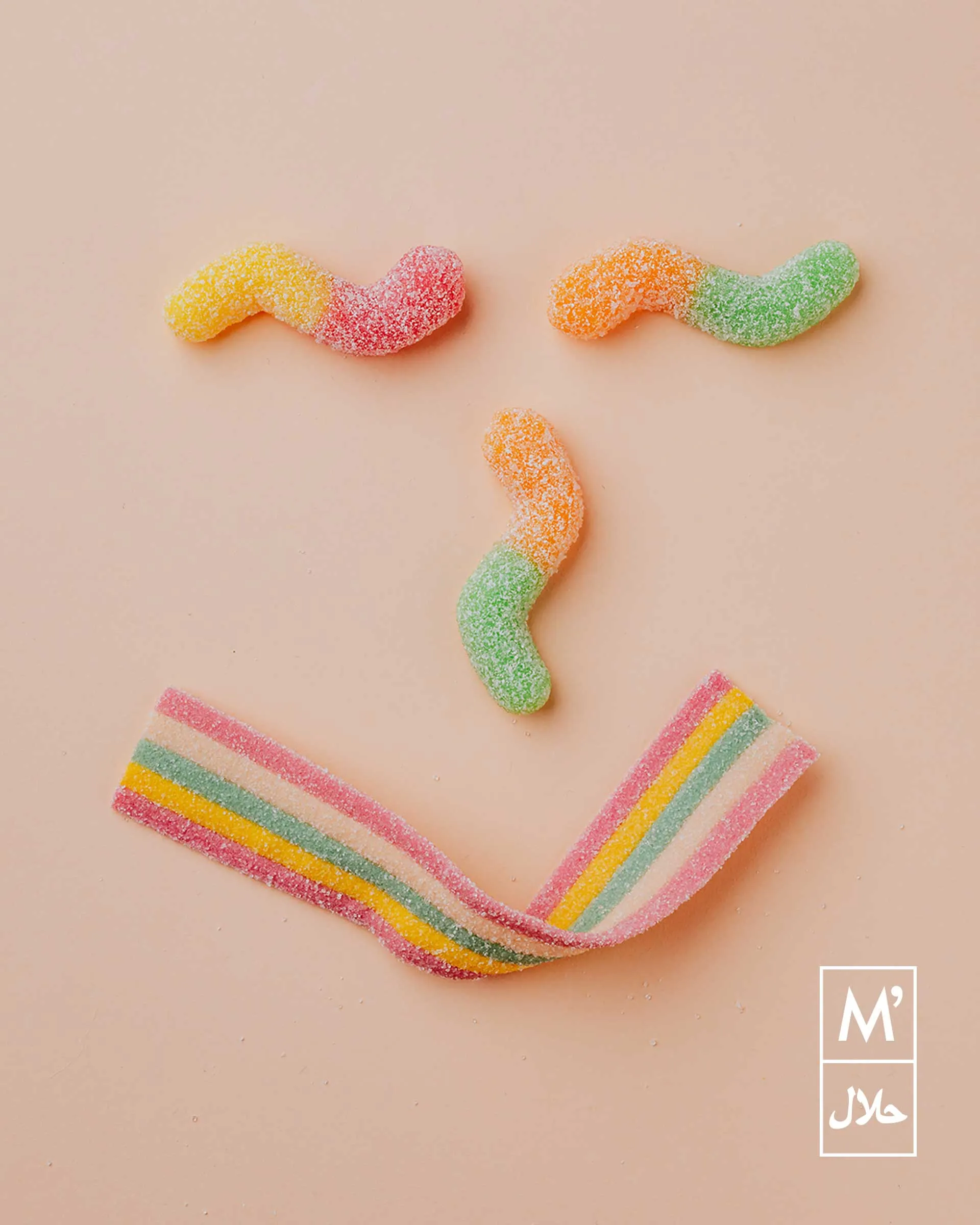 Foto von Süßigkeiten der Marke Miralina's Halal Sweets, angeordnet als Smilie