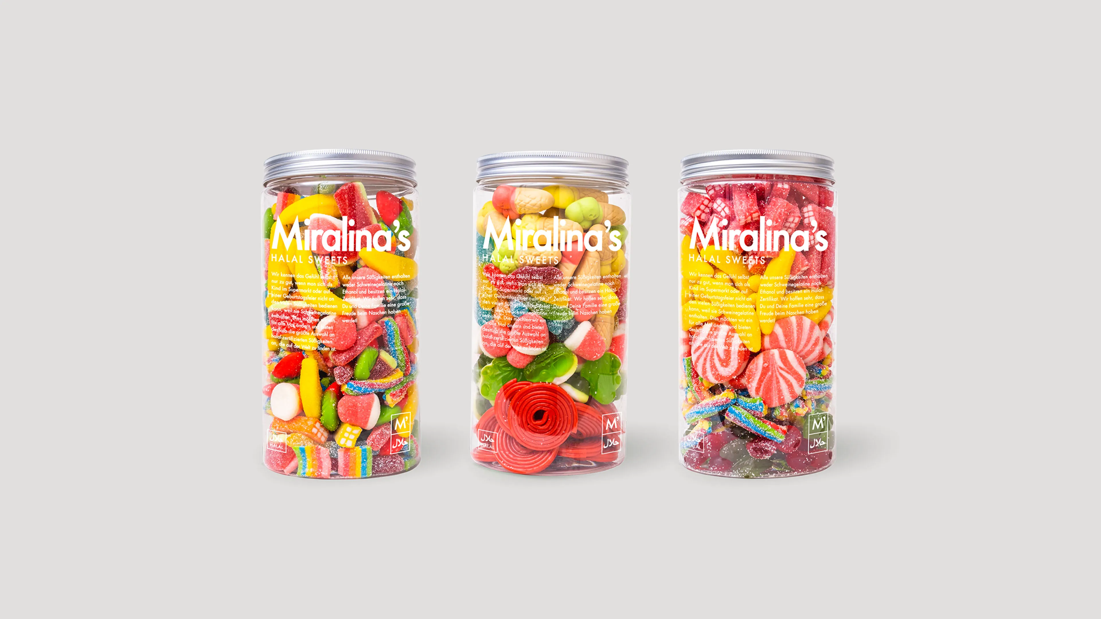 Foto von drei Süßigkeitenverpackungen mit unterschiedlichem Inhalt von Miralina's Halal Sweets im Corporate Design der Marke
