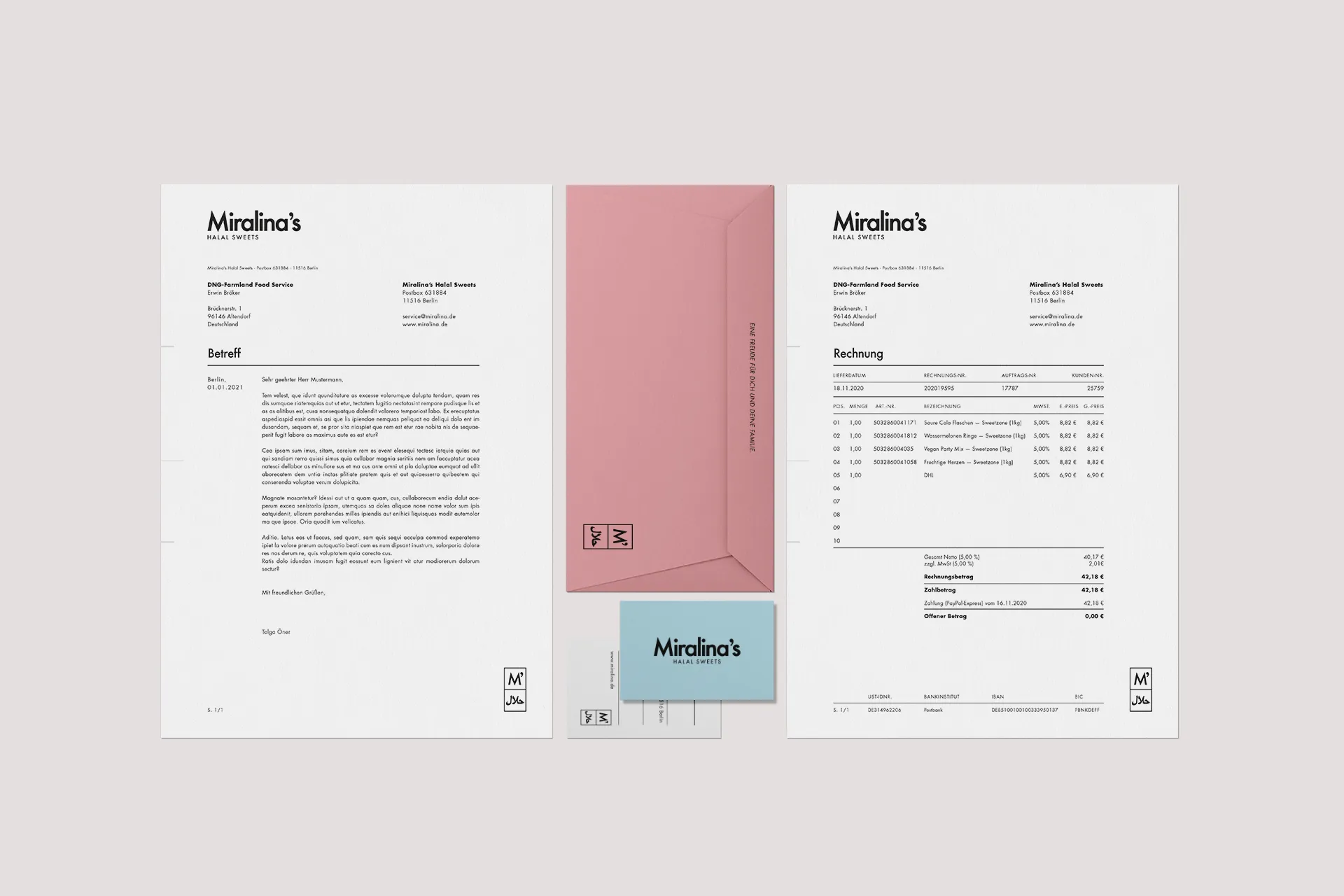 Mockup eines Briefbogens, eines Briefumschlags, eines Rechnungsbogens und einer Visitenkarte von Mirlina's Halal Sweets im Corproate Design der Marke.