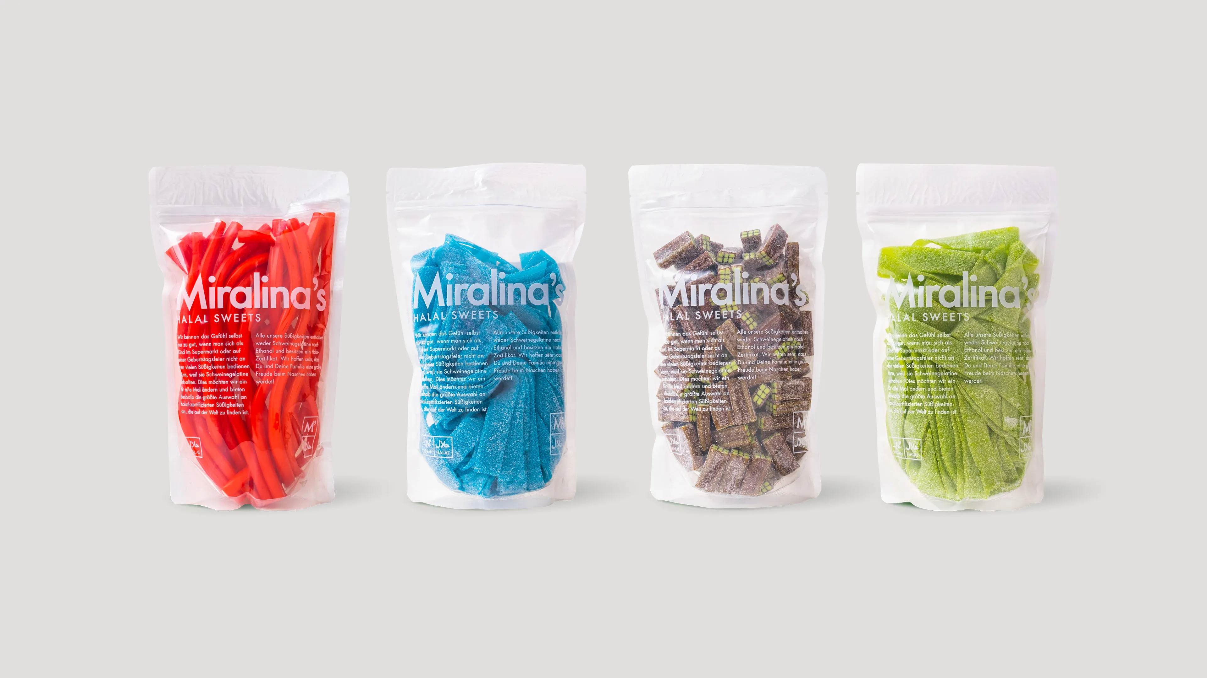 Foto von vier Süßigkeitenverpackungen mit unterschiedlichem Inhaltim Corporate Design von Miralina's Halal Sweets.