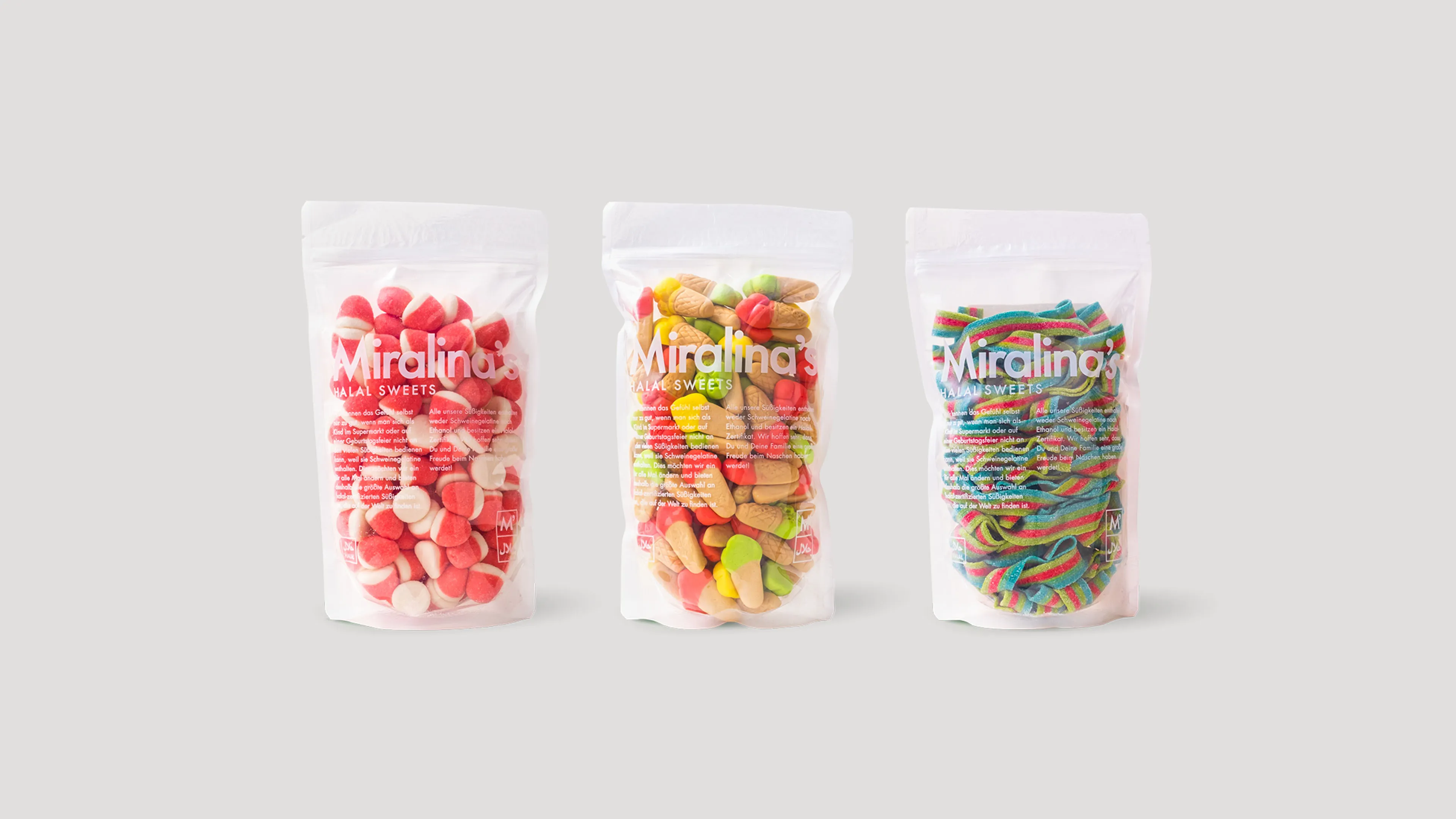 Foto von drei Süßigkeitenverpackungen mit unterschiedlichem Inhalt im Corporate Design von Miralina's Halal Sweets.