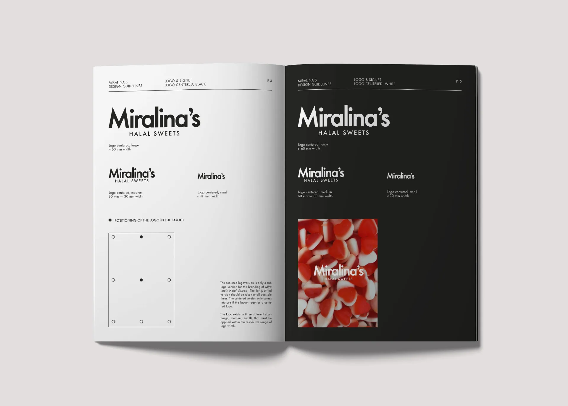 Mockup von zwei Magazinseiten mit Darstellungen der Design Guidelines von Miralina's Halal Sweets.