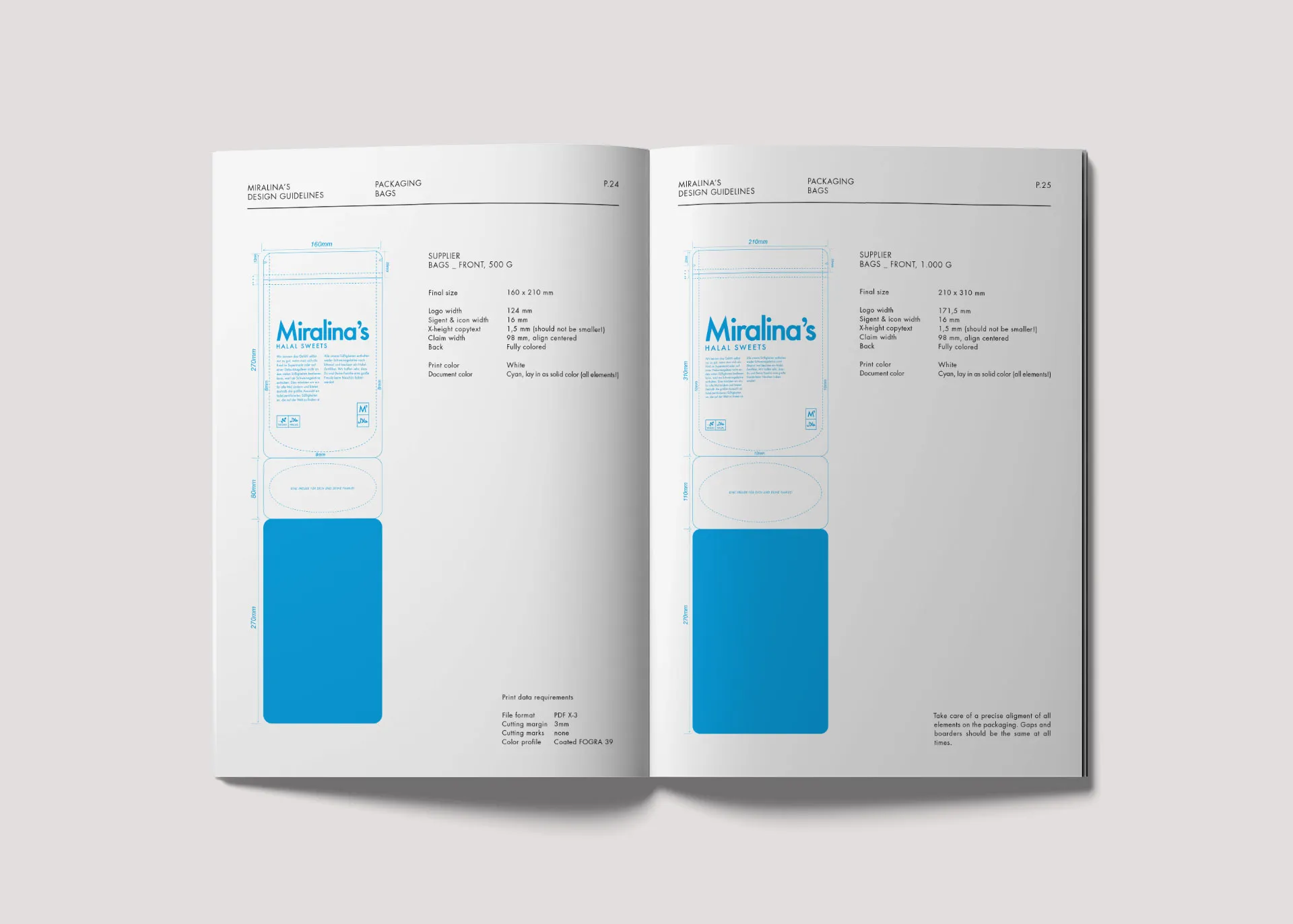Mockup von zwei Magazinseiten mit Darstellungen des Verpackungsdesign Regelwerks von Miralina's Halal Sweets.
