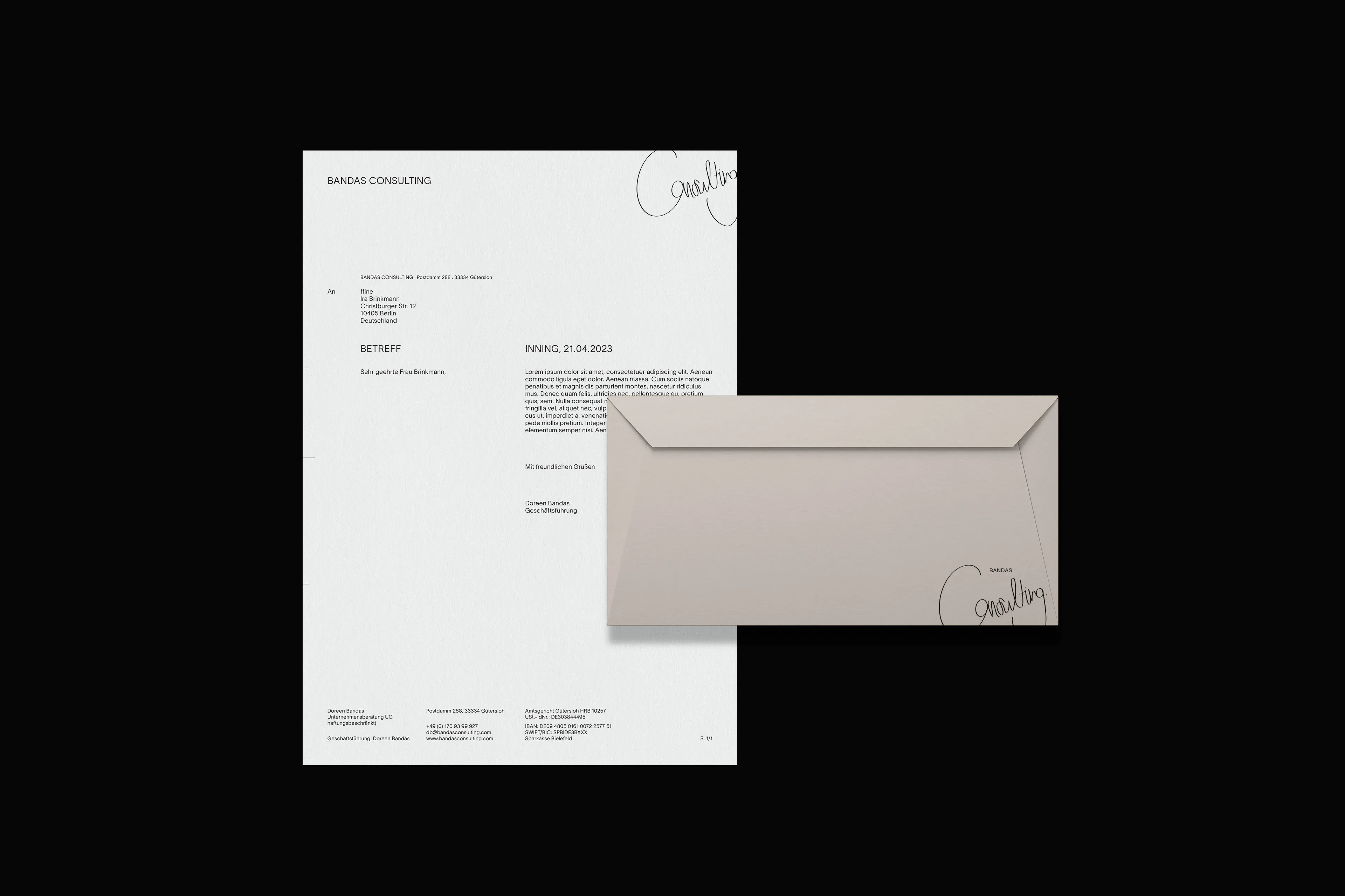 Mockup von Briefbogen und Briefumschlag im Corporate Design von Bandas Consulting