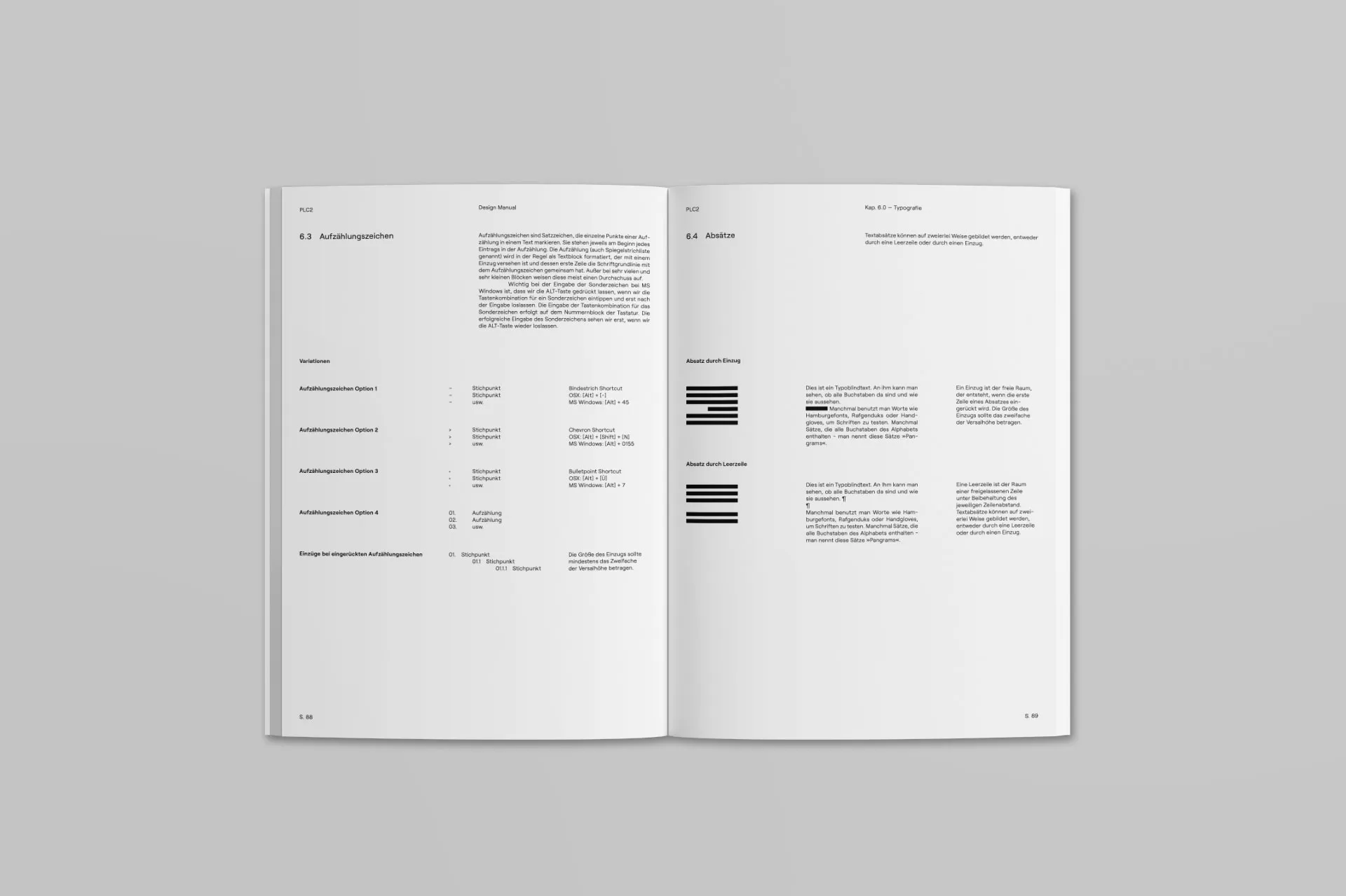 Mockup von Buchseiten mit Auszügen aus dem Corporate Design Manual von PLC2