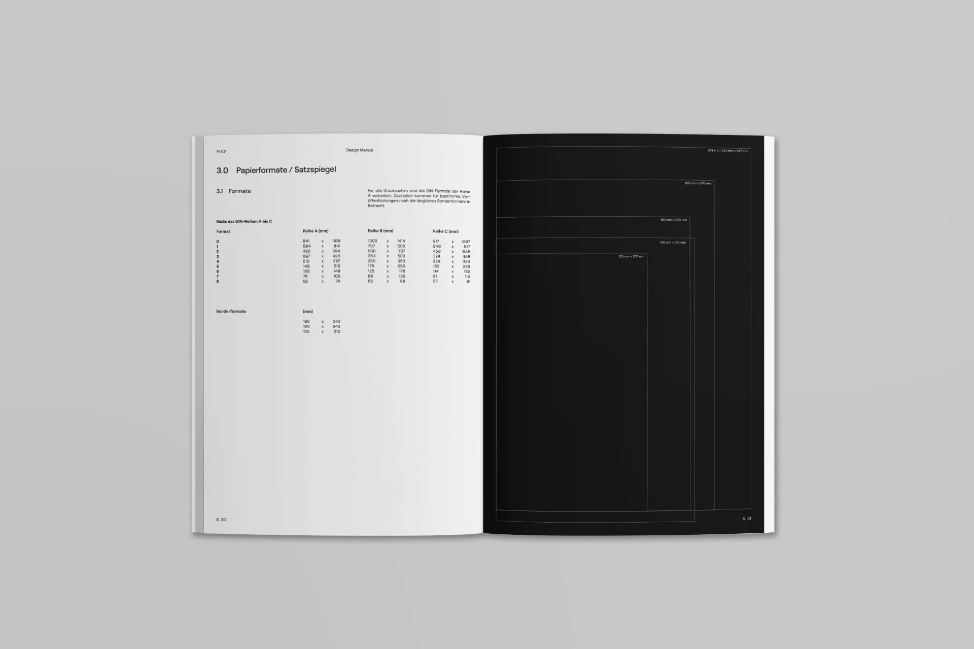 Mockup von Buchseiten mit Auszügen aus dem Corporate Design Manual von PLC2