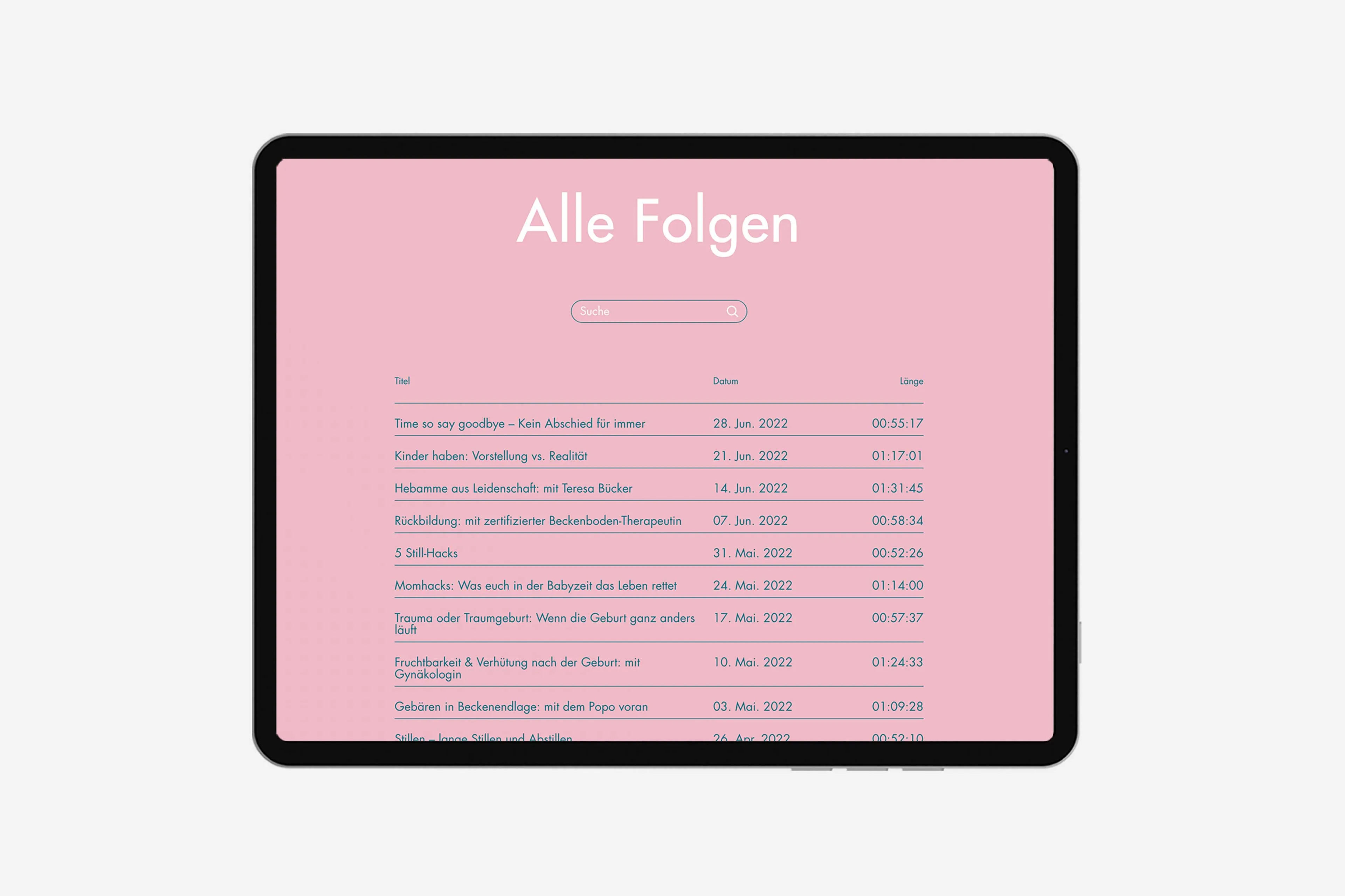 Mockup Folgenübersicht des Podcasts Hebammensalon im Tablet Format.