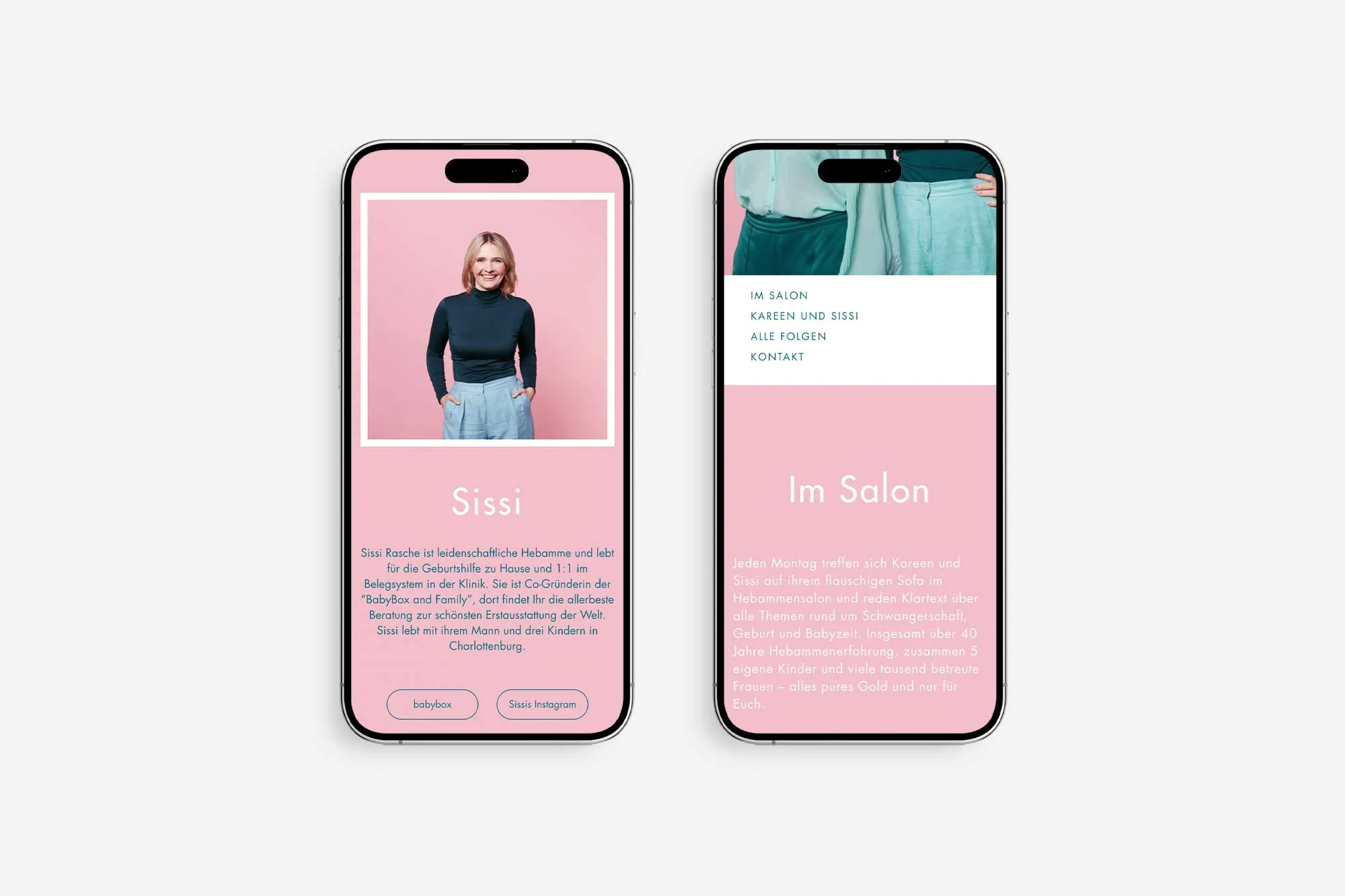 Zwei verschiedene Mockups der Webseite von Hebammensalon im Mobile Format.