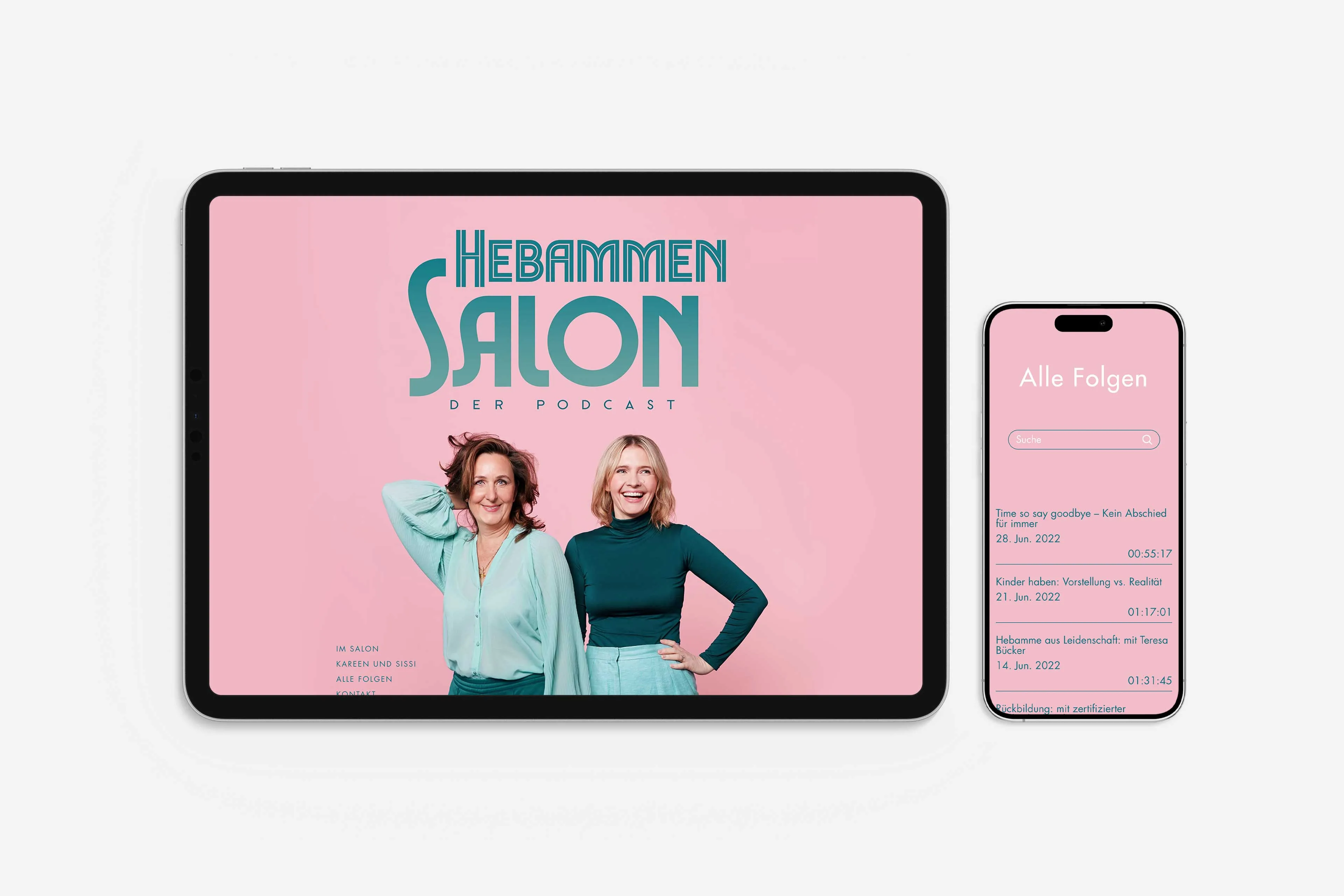 Links Mockup Podcast Cover Hebammensalon im Tablet Format. Rechts Mockup Folgenübersicht Podcast im Mobile Format.