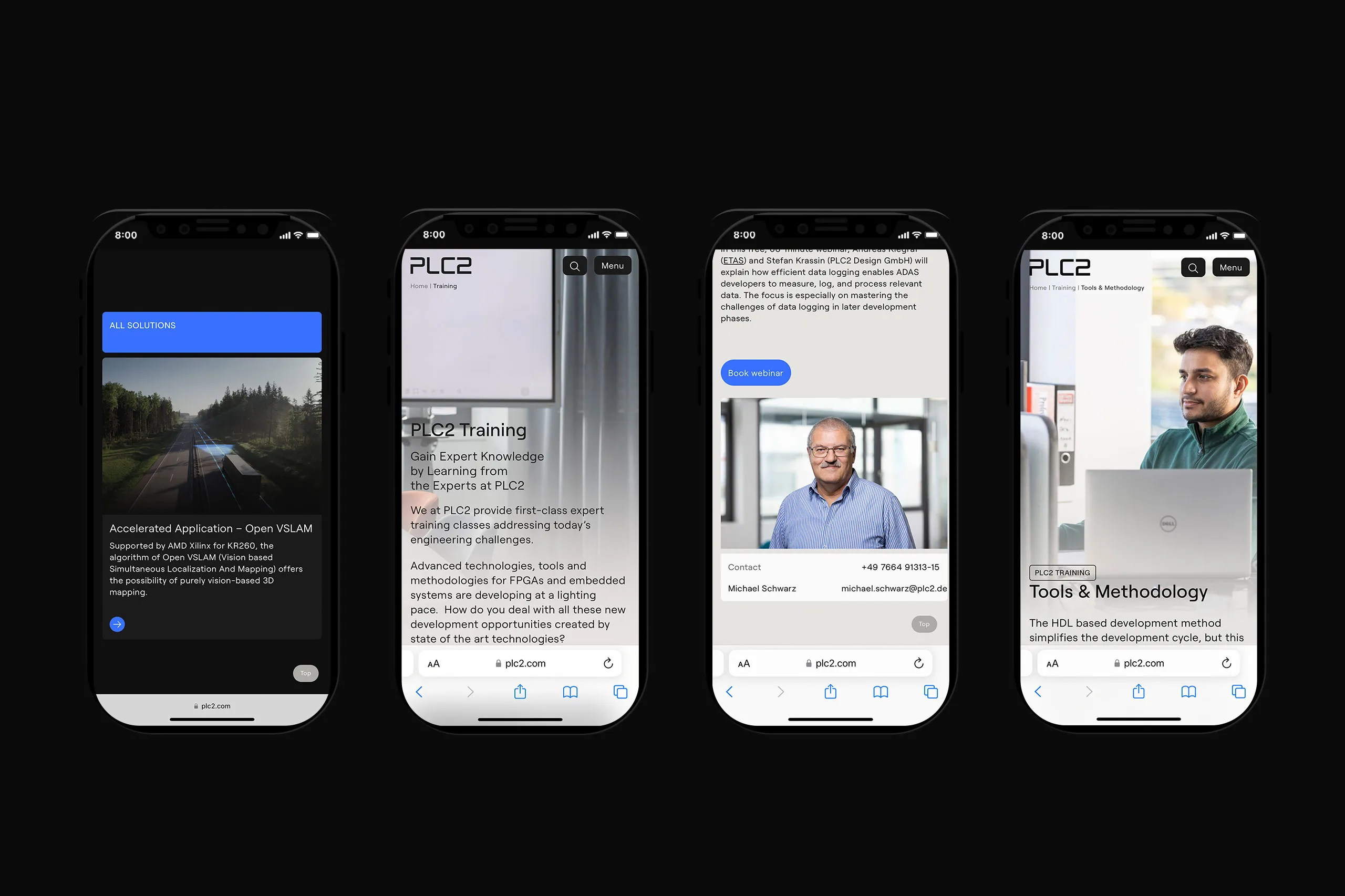 Vier verschiedene Mockups der Webseite von PLC2 im Mobile Format