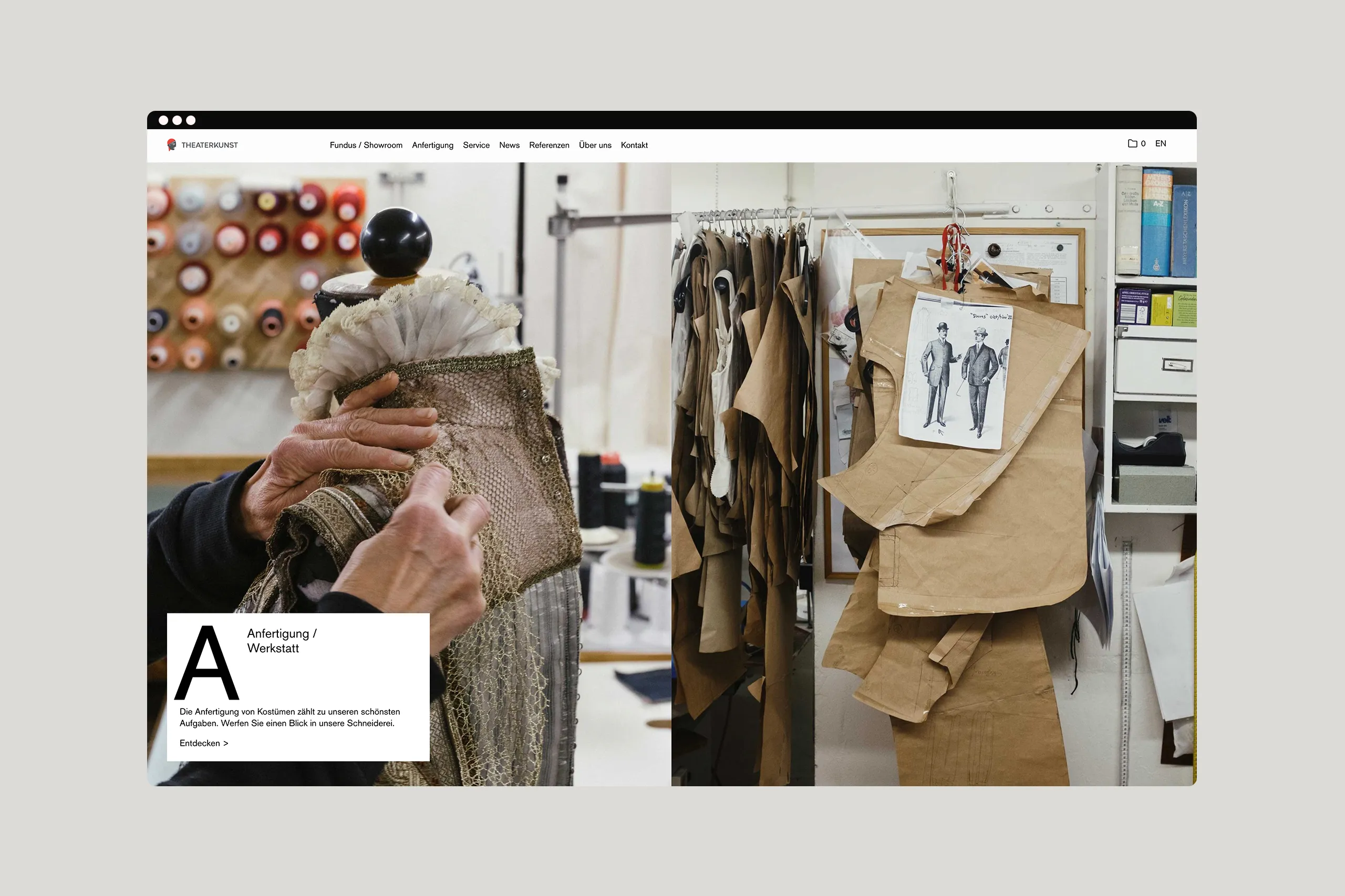 Mockup der Webseite von Theaterkunst im Desktop Format mit Fotos aus der Anfertigung/Werkstatt..