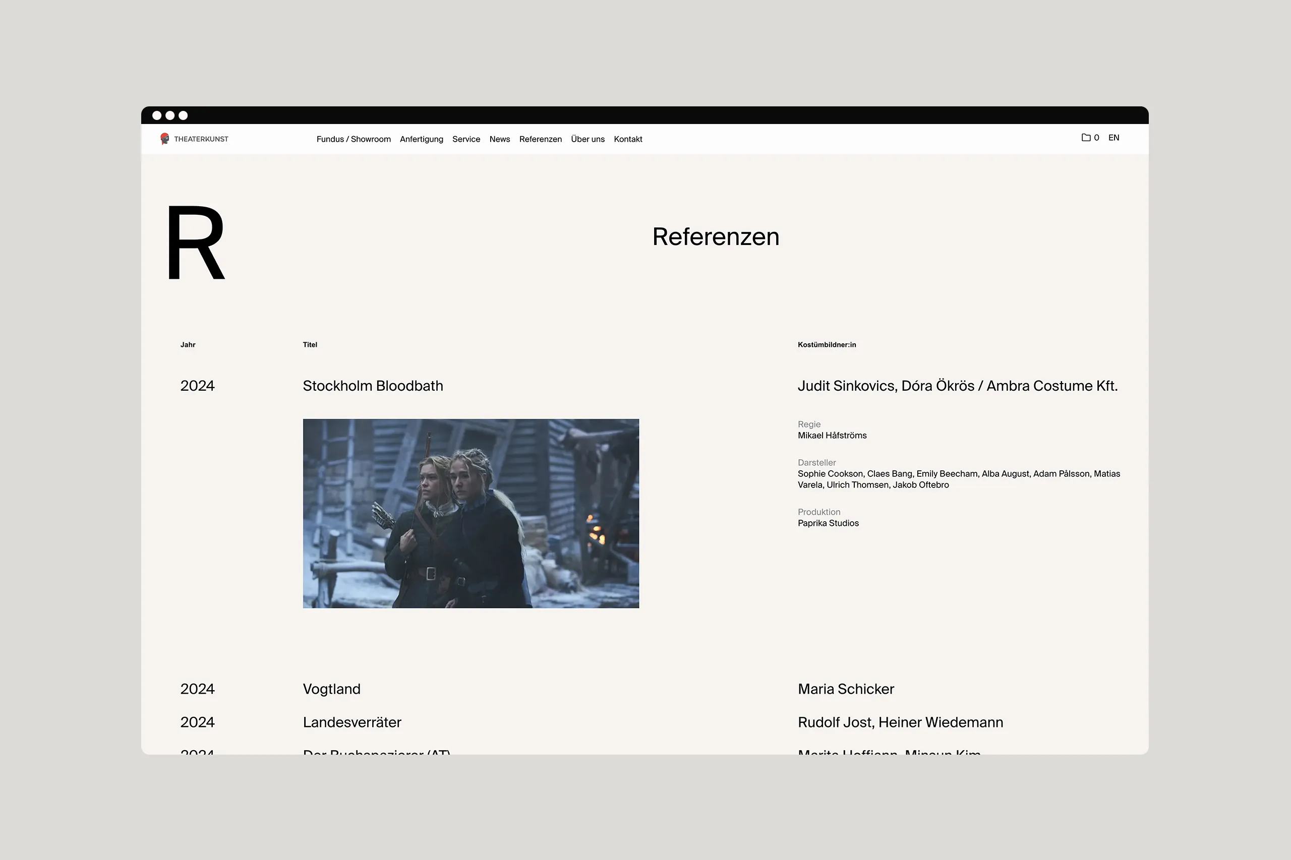 Mockup der Referenzen-Seite von Theaterkunst im Tablet-Format.